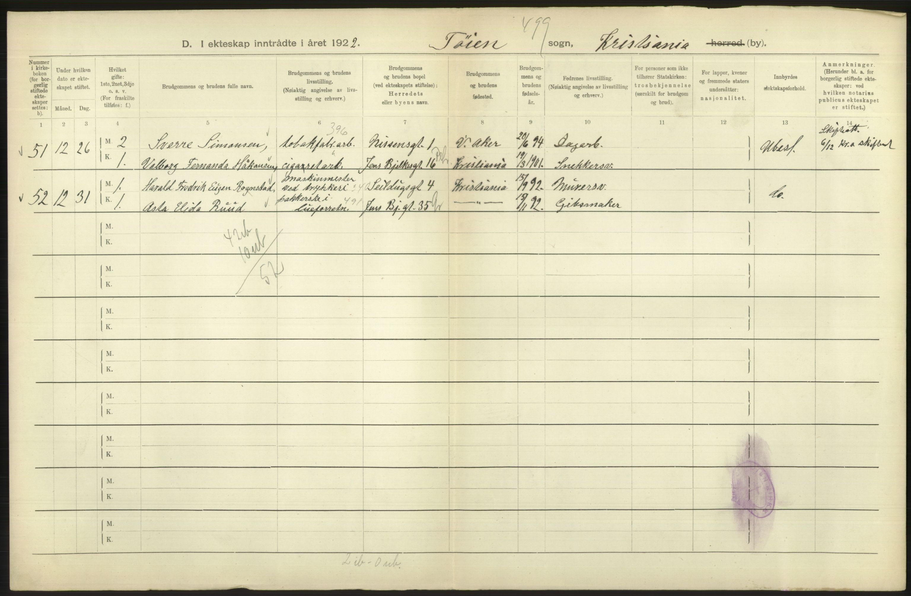 Statistisk sentralbyrå, Sosiodemografiske emner, Befolkning, AV/RA-S-2228/D/Df/Dfc/Dfcb/L0008: Kristiania: Gifte, 1922, s. 218