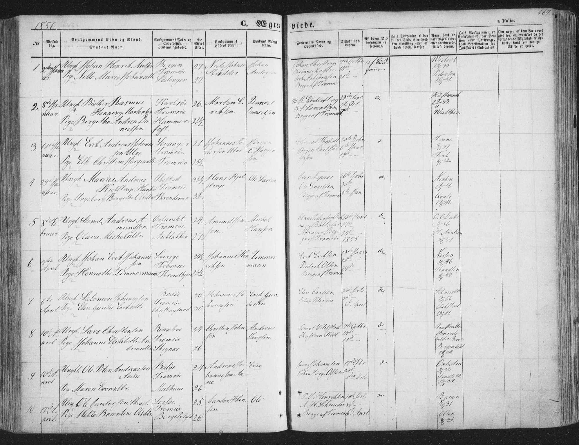 Tromsø sokneprestkontor/stiftsprosti/domprosti, AV/SATØ-S-1343/G/Ga/L0011kirke: Ministerialbok nr. 11, 1856-1865, s. 167