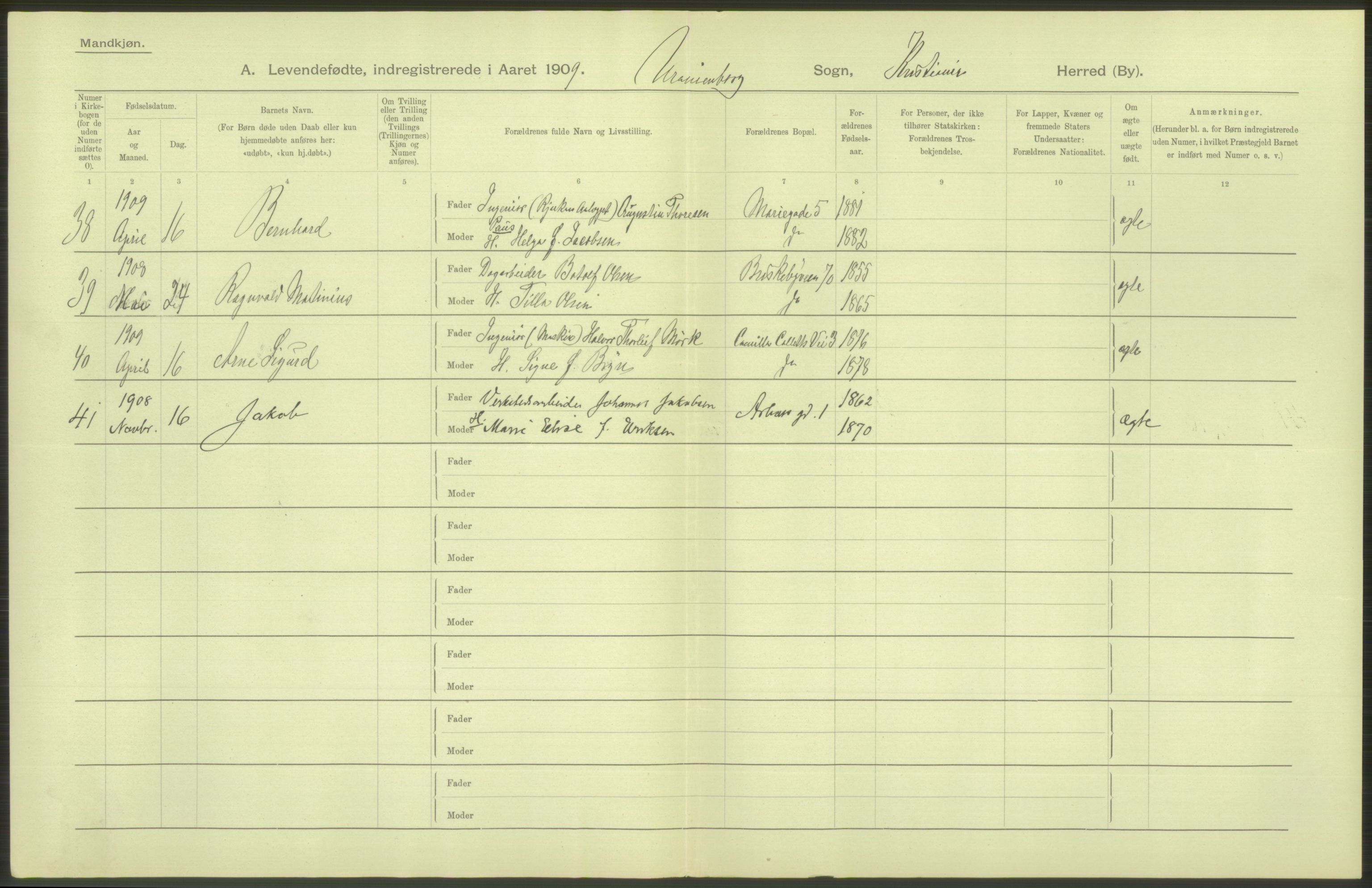 Statistisk sentralbyrå, Sosiodemografiske emner, Befolkning, AV/RA-S-2228/D/Df/Dfa/Dfag/L0007: Kristiania: Levendefødte menn og kvinner., 1909, s. 46