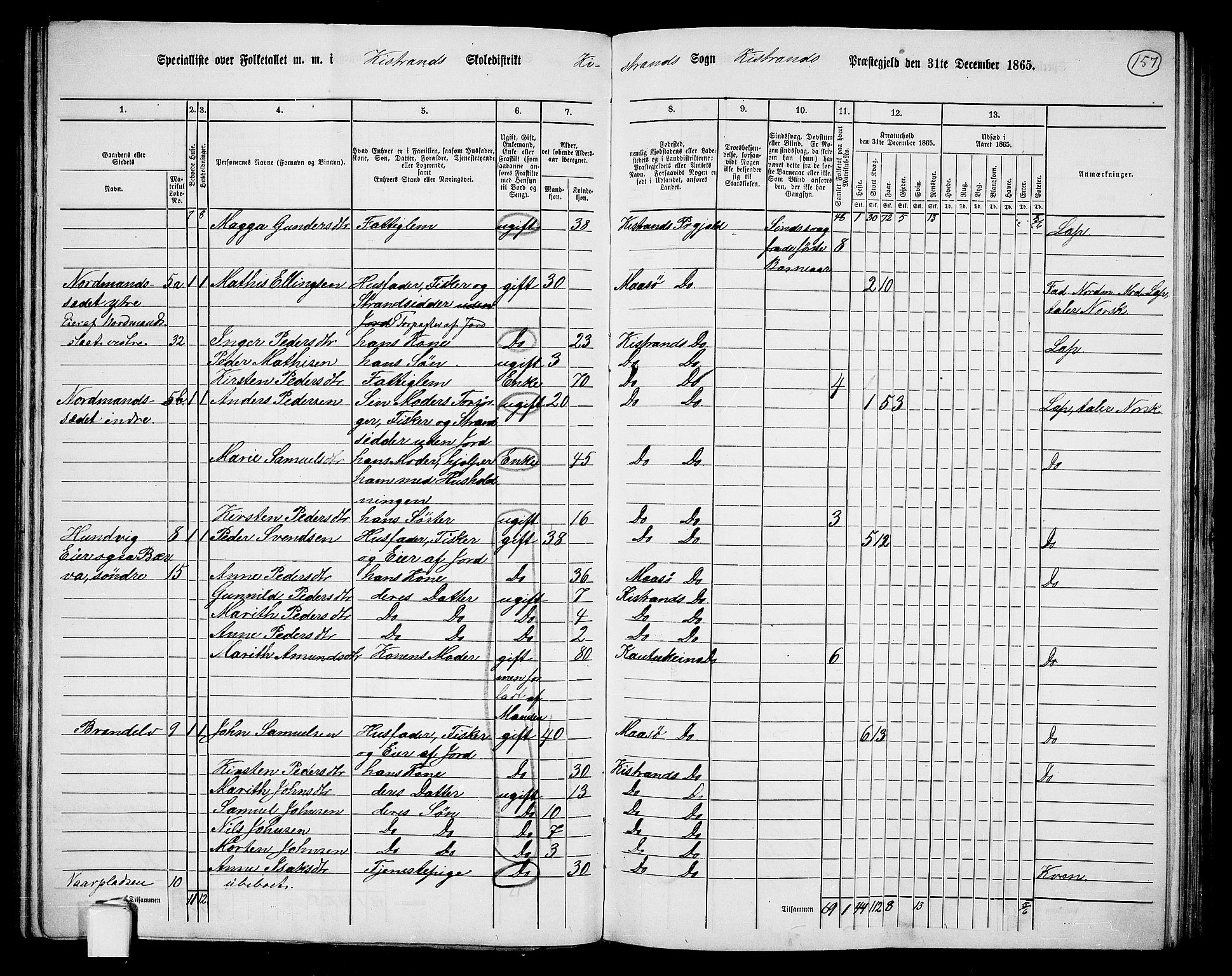 RA, Folketelling 1865 for 2020P Kistrand prestegjeld, 1865, s. 9