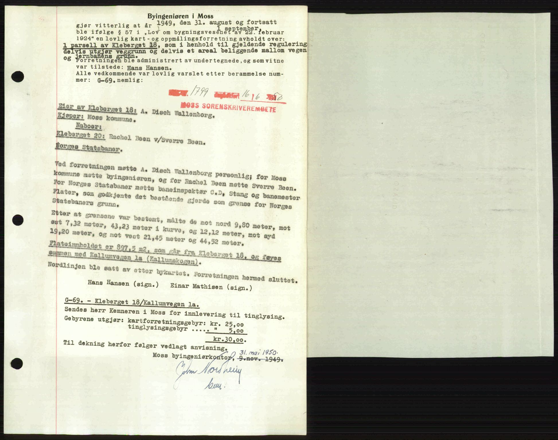 Moss sorenskriveri, SAO/A-10168: Pantebok nr. A26, 1950-1950, Dagboknr: 1799/1950