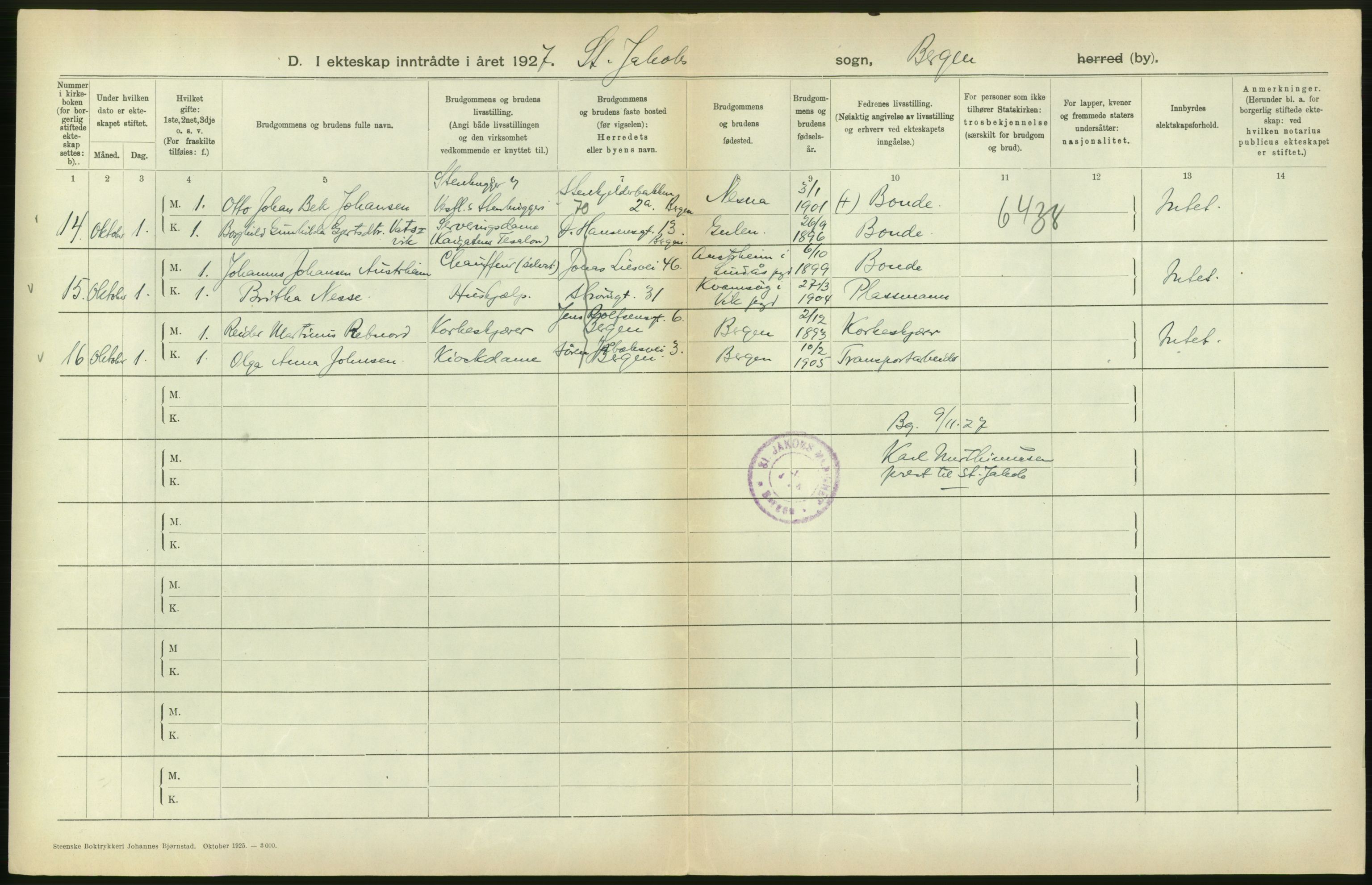 Statistisk sentralbyrå, Sosiodemografiske emner, Befolkning, AV/RA-S-2228/D/Df/Dfc/Dfcg/L0028: Bergen: Gifte, døde., 1927, s. 286