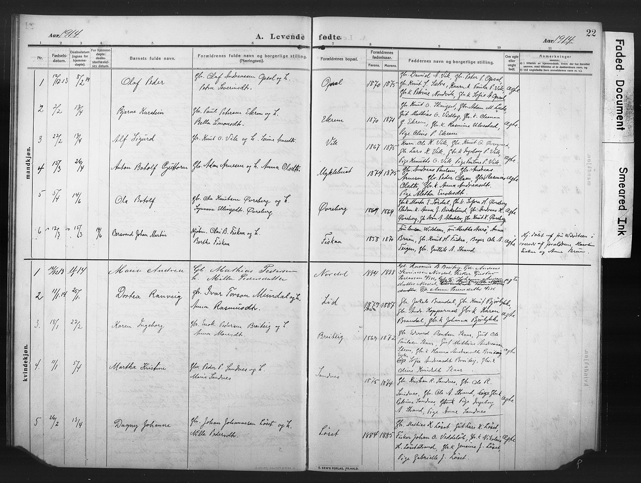 Ministerialprotokoller, klokkerbøker og fødselsregistre - Møre og Romsdal, SAT/A-1454/502/L0028: Klokkerbok nr. 502C02, 1909-1932, s. 22