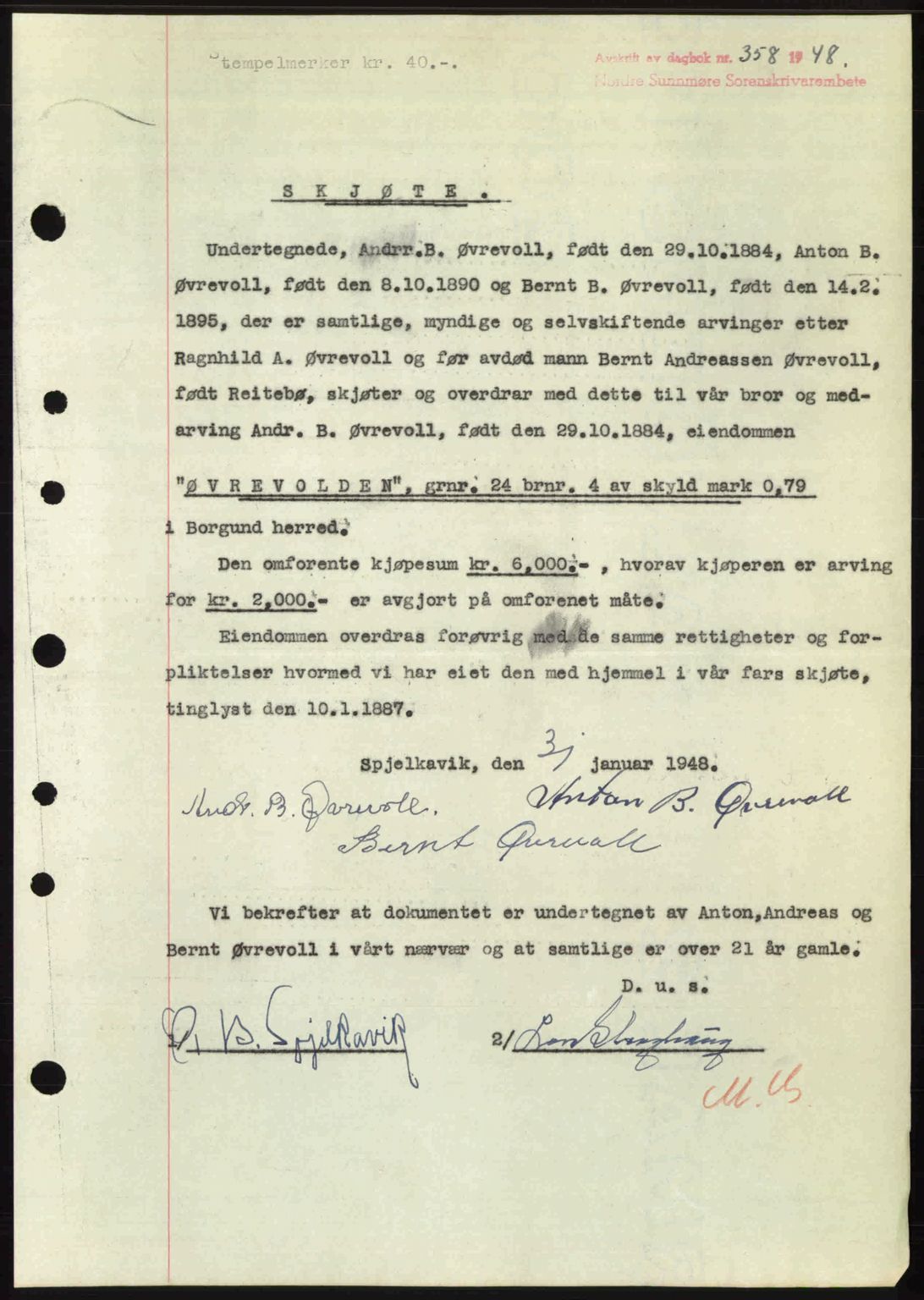 Nordre Sunnmøre sorenskriveri, AV/SAT-A-0006/1/2/2C/2Ca: Pantebok nr. A27, 1948-1948, Dagboknr: 358/1948