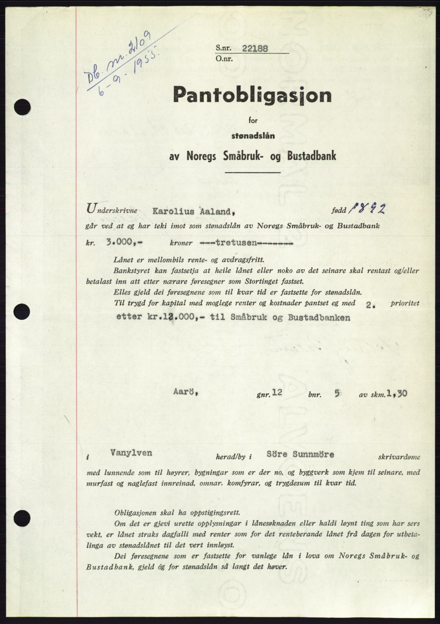 Søre Sunnmøre sorenskriveri, SAT/A-4122/1/2/2C/L0127: Pantebok nr. 15B, 1955-1955, Dagboknr: 2109/1955