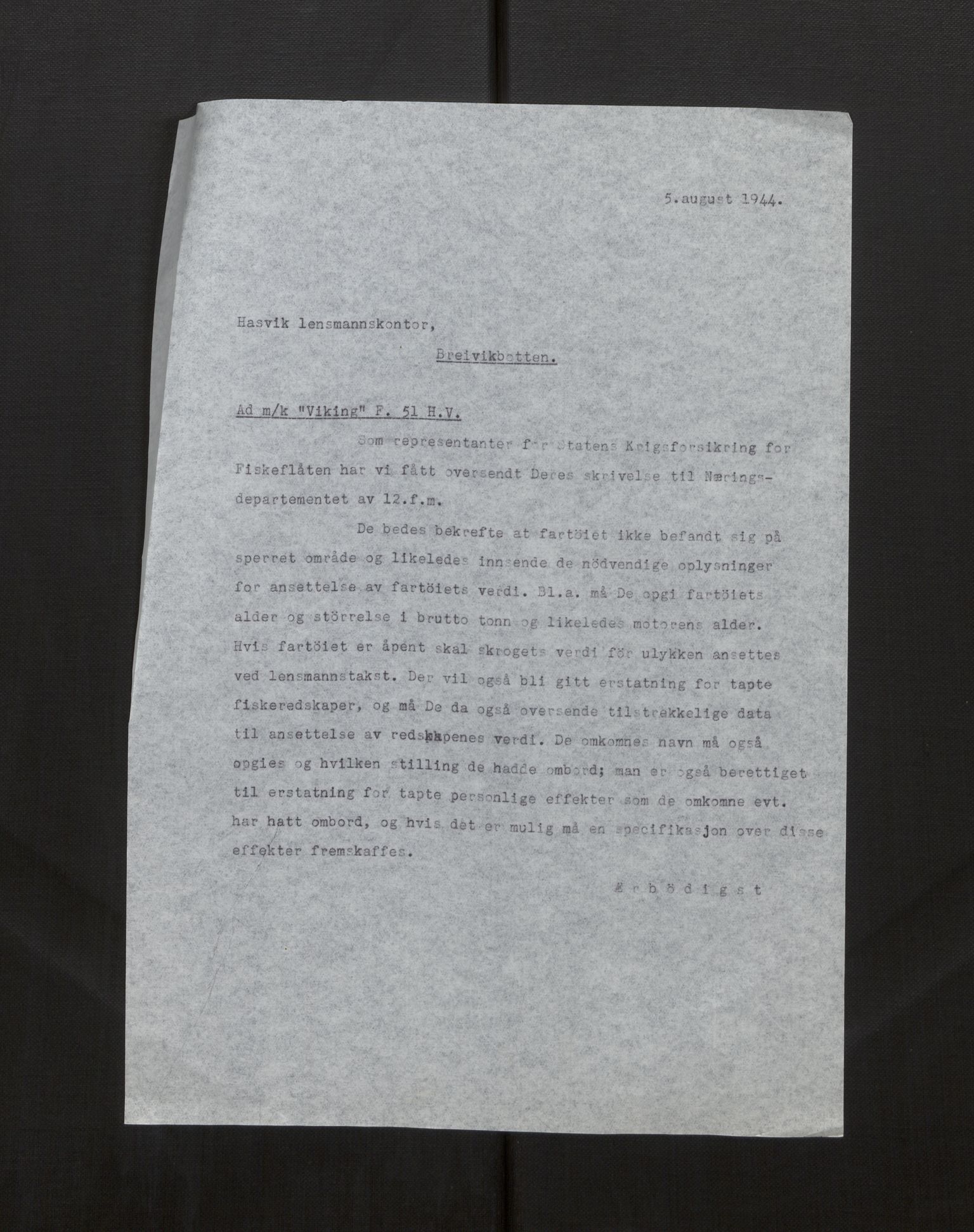 Fiskeridirektoratet - 1 Adm. ledelse - 13 Båtkontoret, AV/SAB-A-2003/La/L0008: Statens krigsforsikring for fiskeflåten, 1936-1971, s. 59