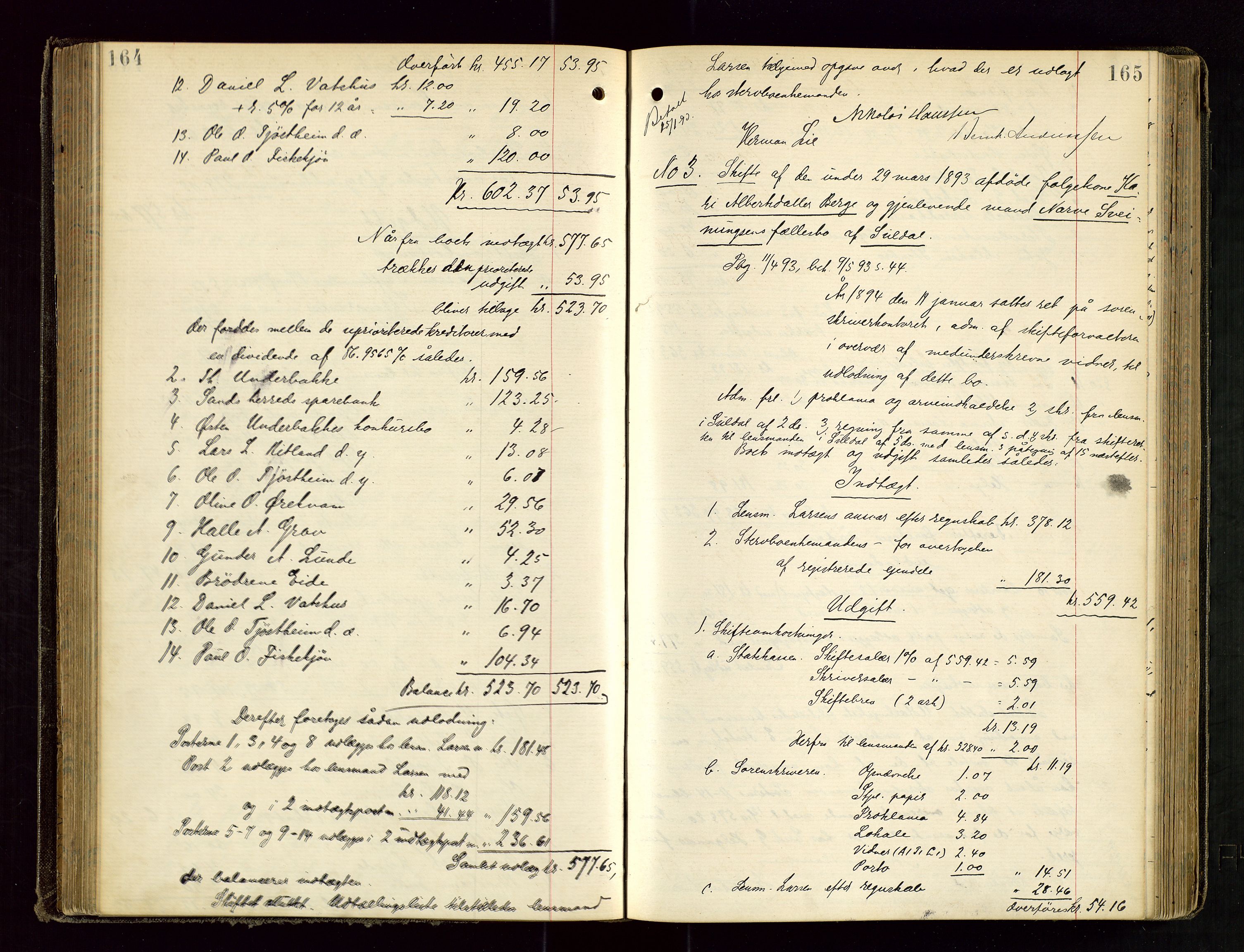 Ryfylke tingrett, AV/SAST-A-100055/001/IV/IVD/L0029: Skifteprotokoll, register i protokollen, 1893-1897, s. 164-165