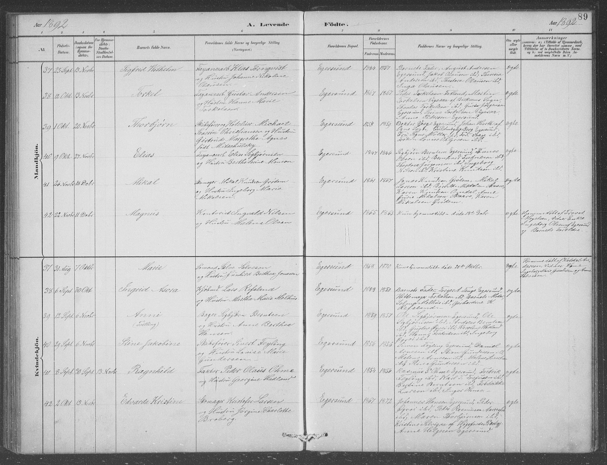 Eigersund sokneprestkontor, AV/SAST-A-101807/S09/L0008: Klokkerbok nr. B 8, 1882-1892, s. 89