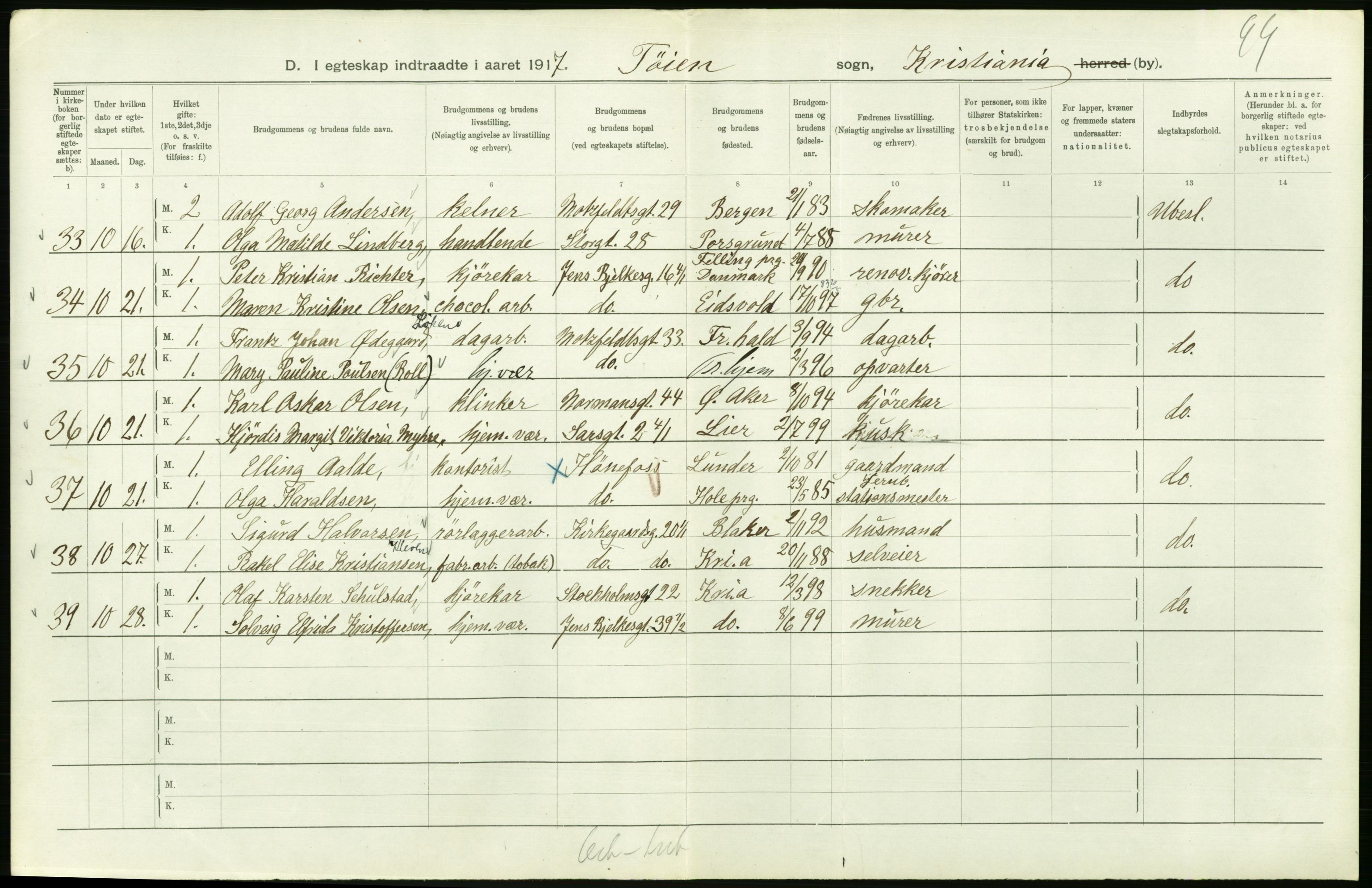 Statistisk sentralbyrå, Sosiodemografiske emner, Befolkning, AV/RA-S-2228/D/Df/Dfb/Dfbg/L0009: Kristiania: Gifte, 1917, s. 332