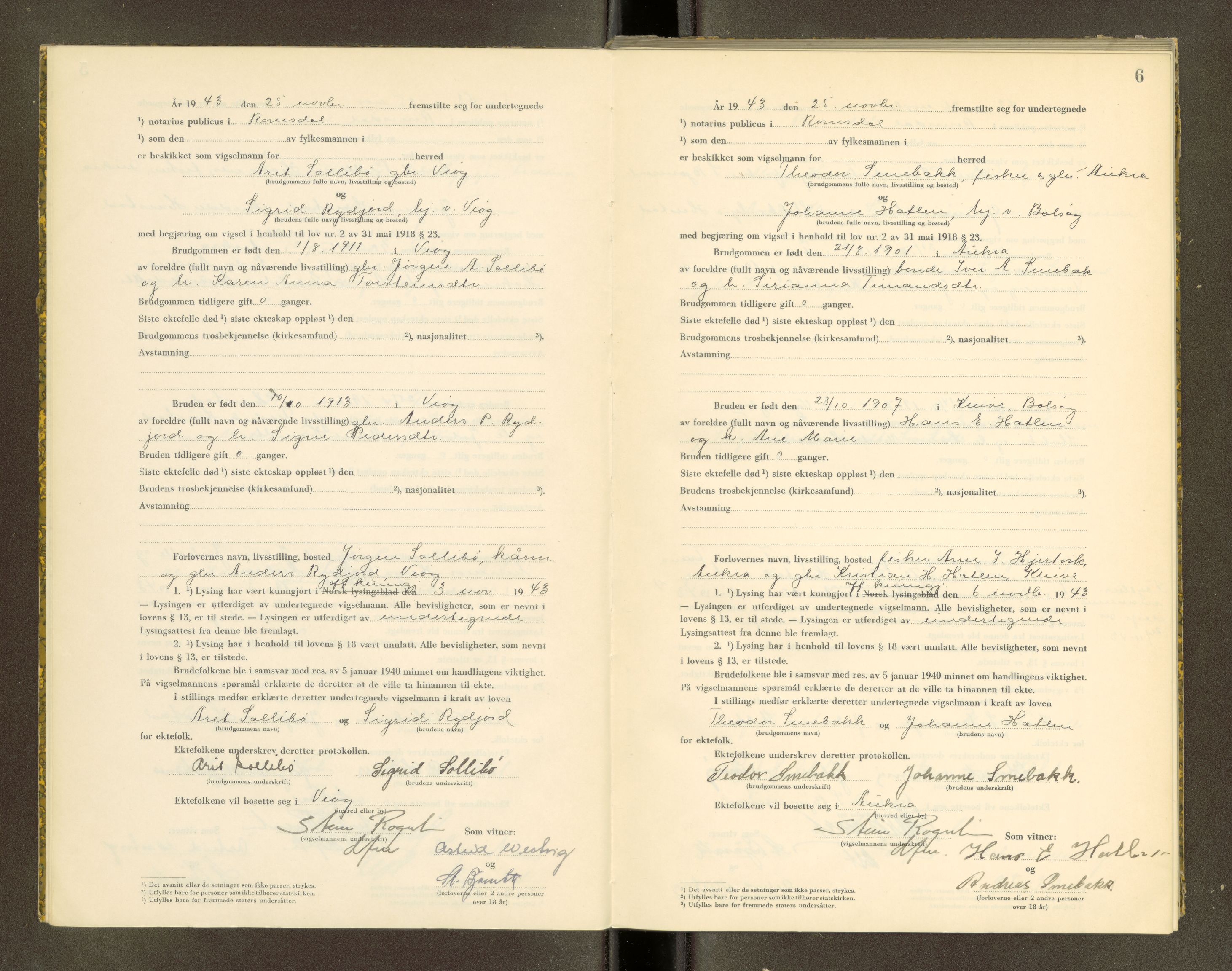 Romsdal sorenskriveri, AV/SAT-A-4149/1/6/6D/L0007: Vigselbok, 1943-1944, s. 6