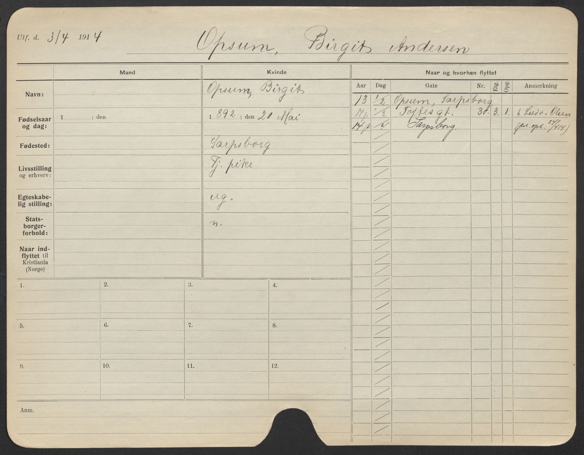 Oslo folkeregister, Registerkort, AV/SAO-A-11715/F/Fa/Fac/L0022: Kvinner, 1906-1914, s. 448a