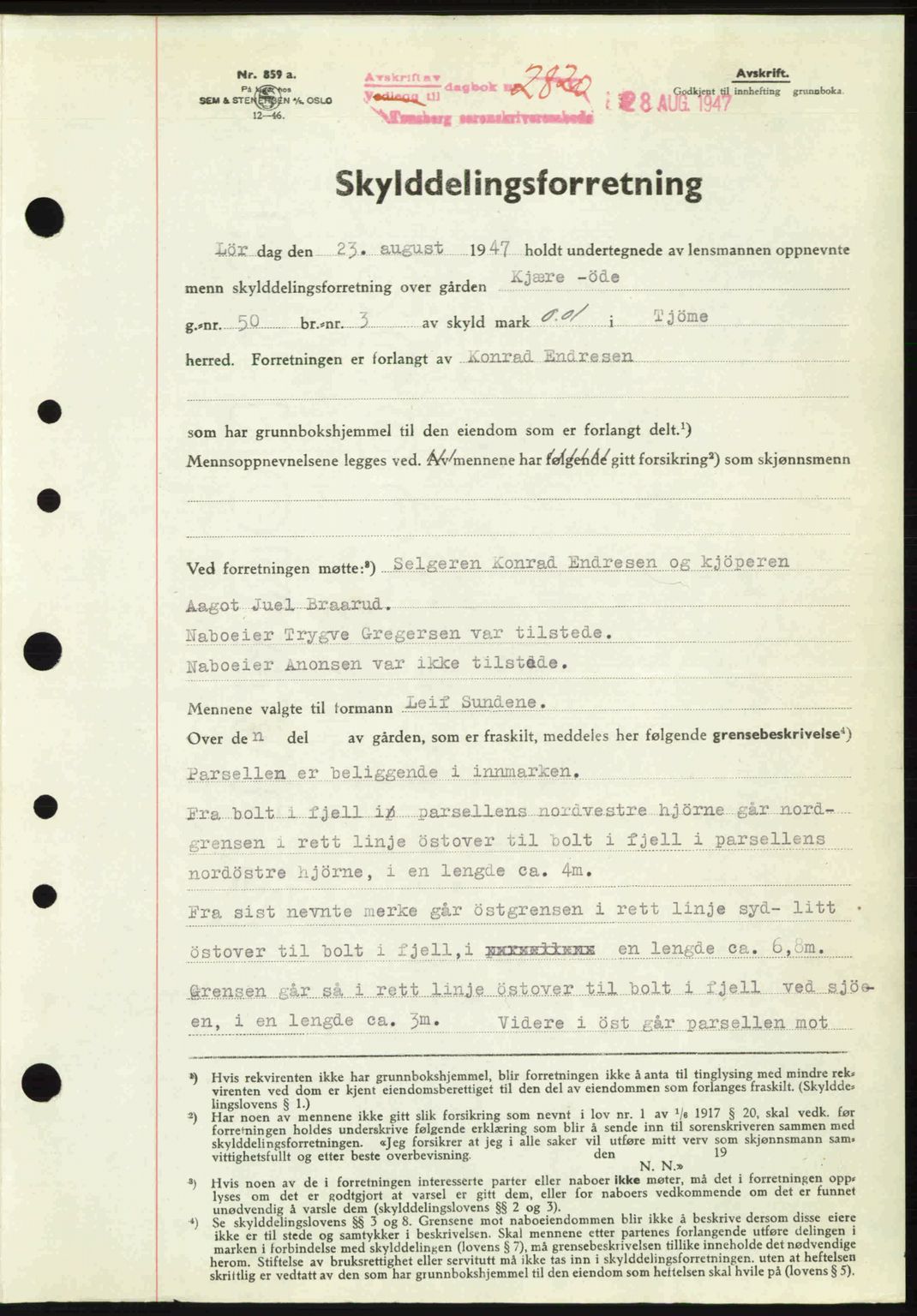 Tønsberg sorenskriveri, SAKO/A-130/G/Ga/Gaa/L0022: Pantebok nr. A22, 1947-1947, Dagboknr: 2820/1947