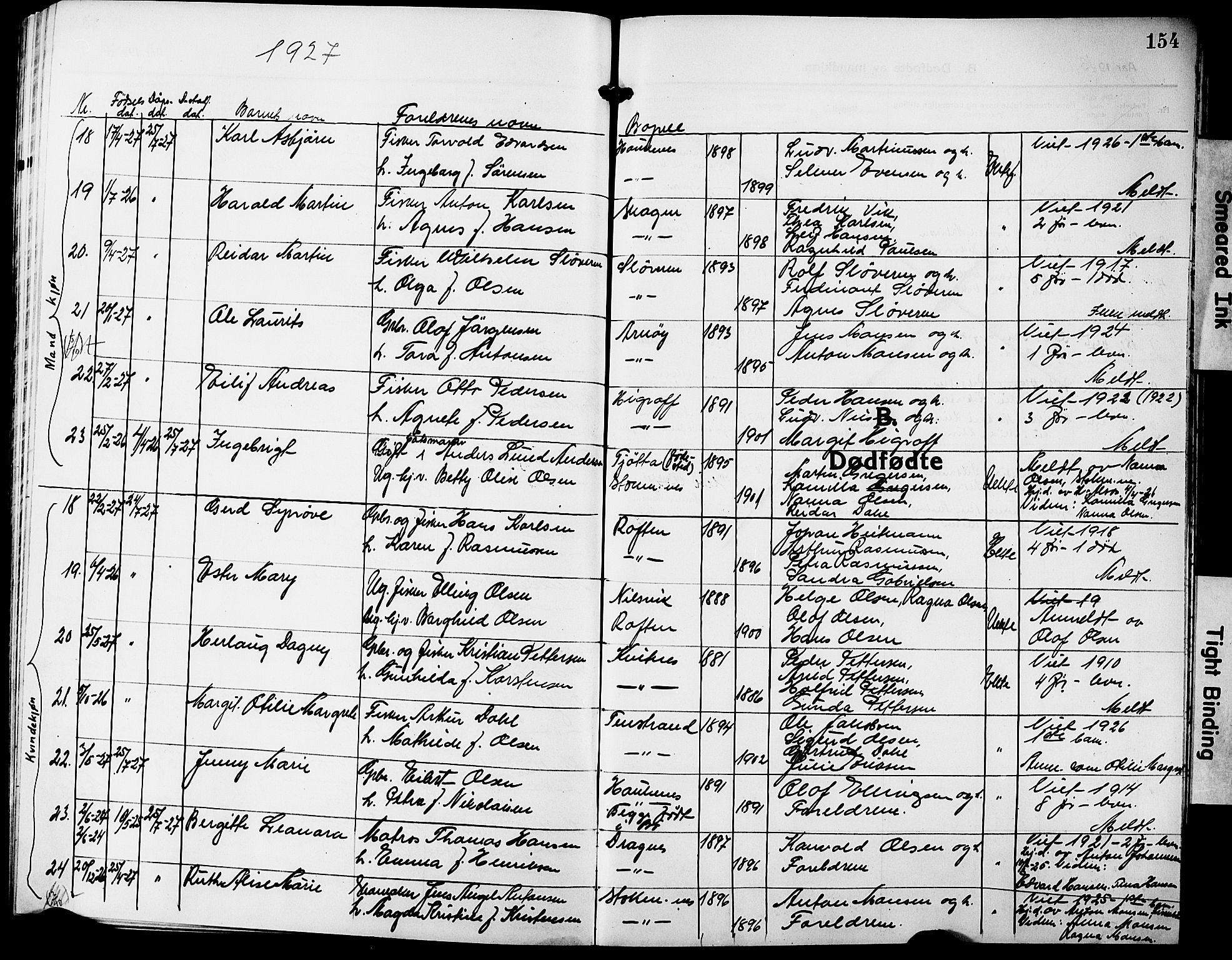 Ministerialprotokoller, klokkerbøker og fødselsregistre - Nordland, AV/SAT-A-1459/888/L1269: Klokkerbok nr. 888C07, 1913-1927, s. 154