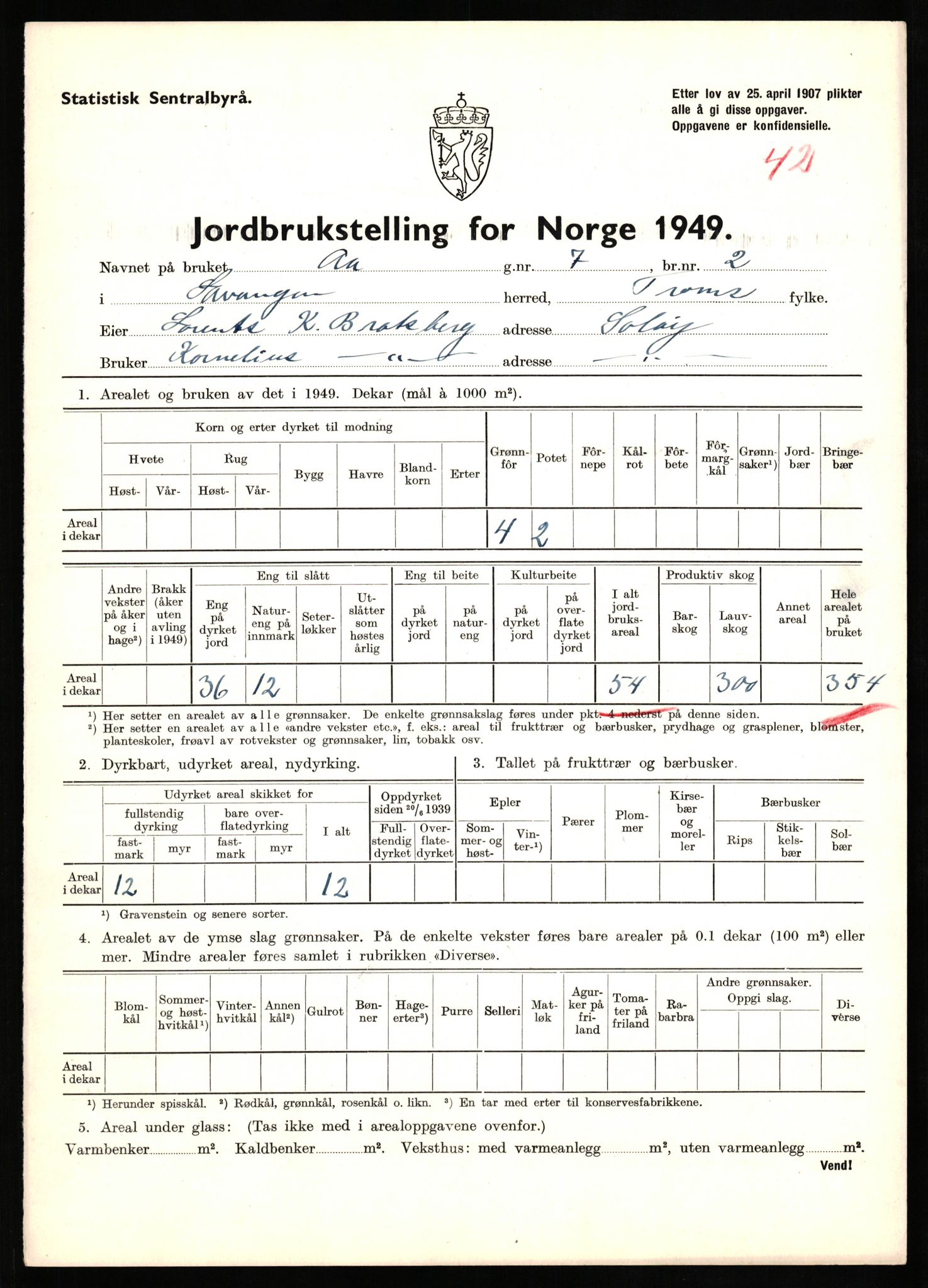 Statistisk sentralbyrå, Næringsøkonomiske emner, Jordbruk, skogbruk, jakt, fiske og fangst, AV/RA-S-2234/G/Gc/L0437: Troms: Gratangen og Lavangen, 1949, s. 517