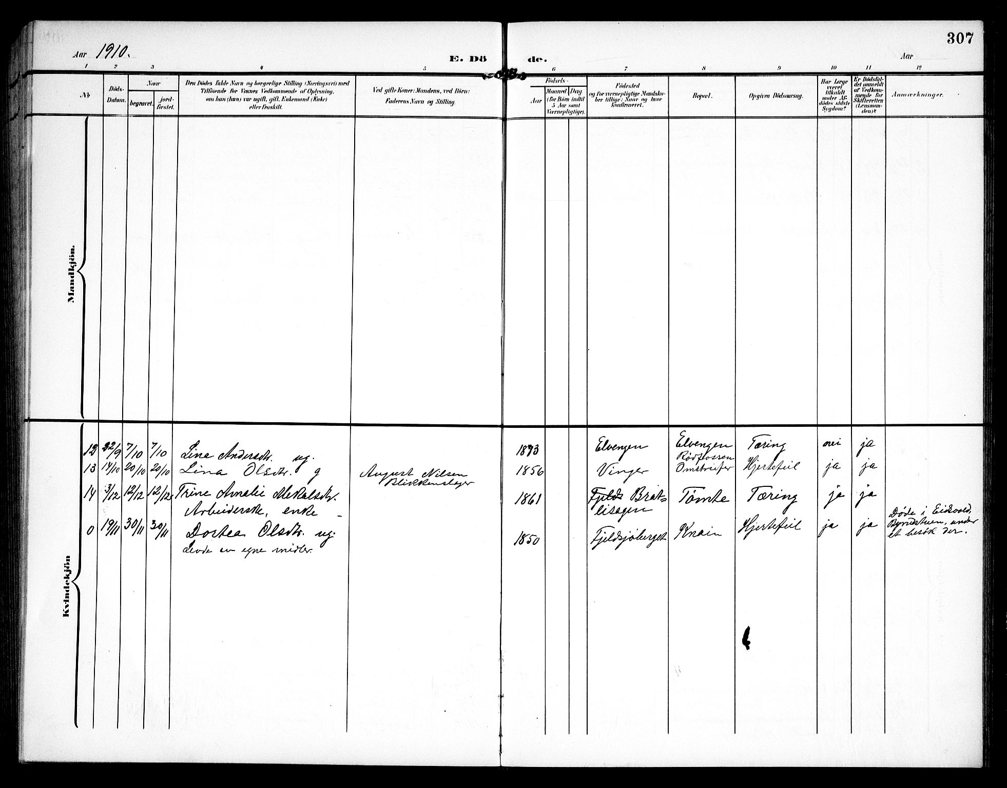 Hurdal prestekontor Kirkebøker, AV/SAO-A-10889/G/Ga/L0001: Klokkerbok nr. I 1, 1902-1934, s. 307