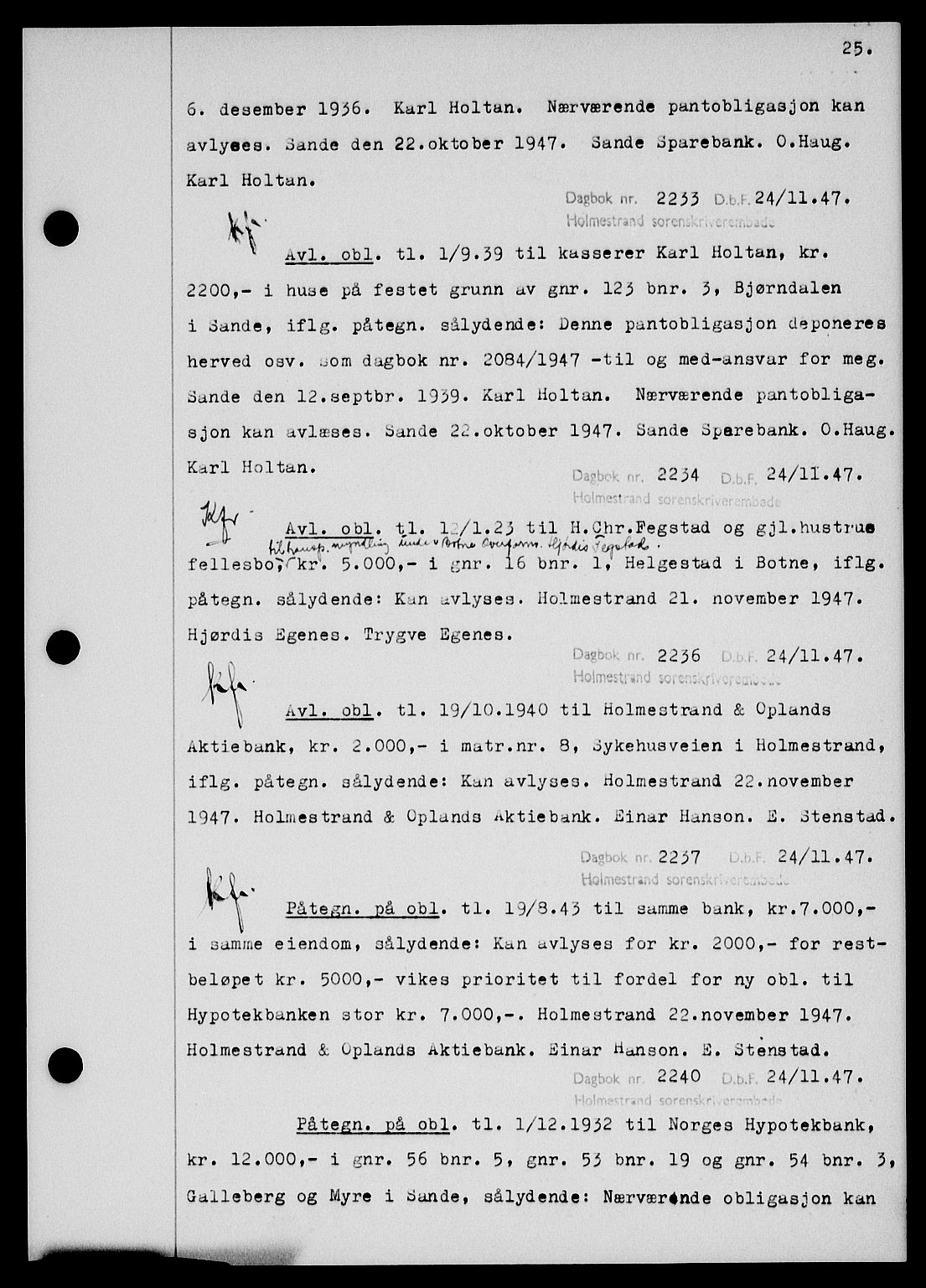 Holmestrand sorenskriveri, SAKO/A-67/G/Ga/Gab/L0058: Pantebok nr. B-58, 1947-1948, s. 25, Dagboknr: 2233/1947