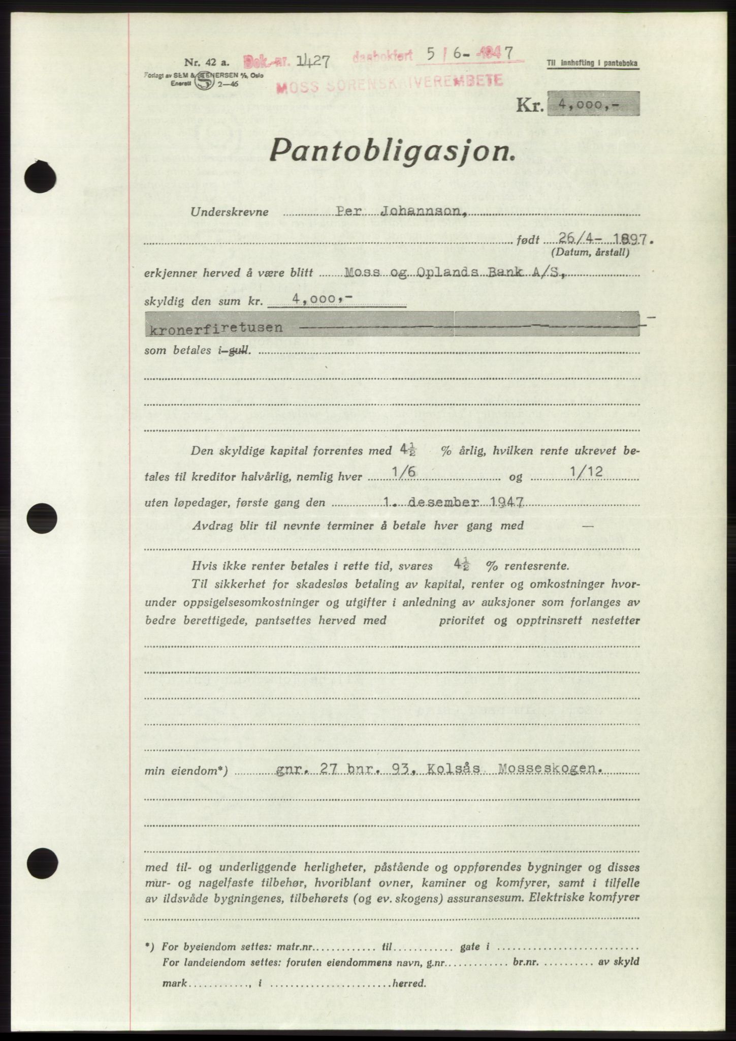 Moss sorenskriveri, SAO/A-10168: Pantebok nr. B17, 1947-1947, Dagboknr: 1427/1947