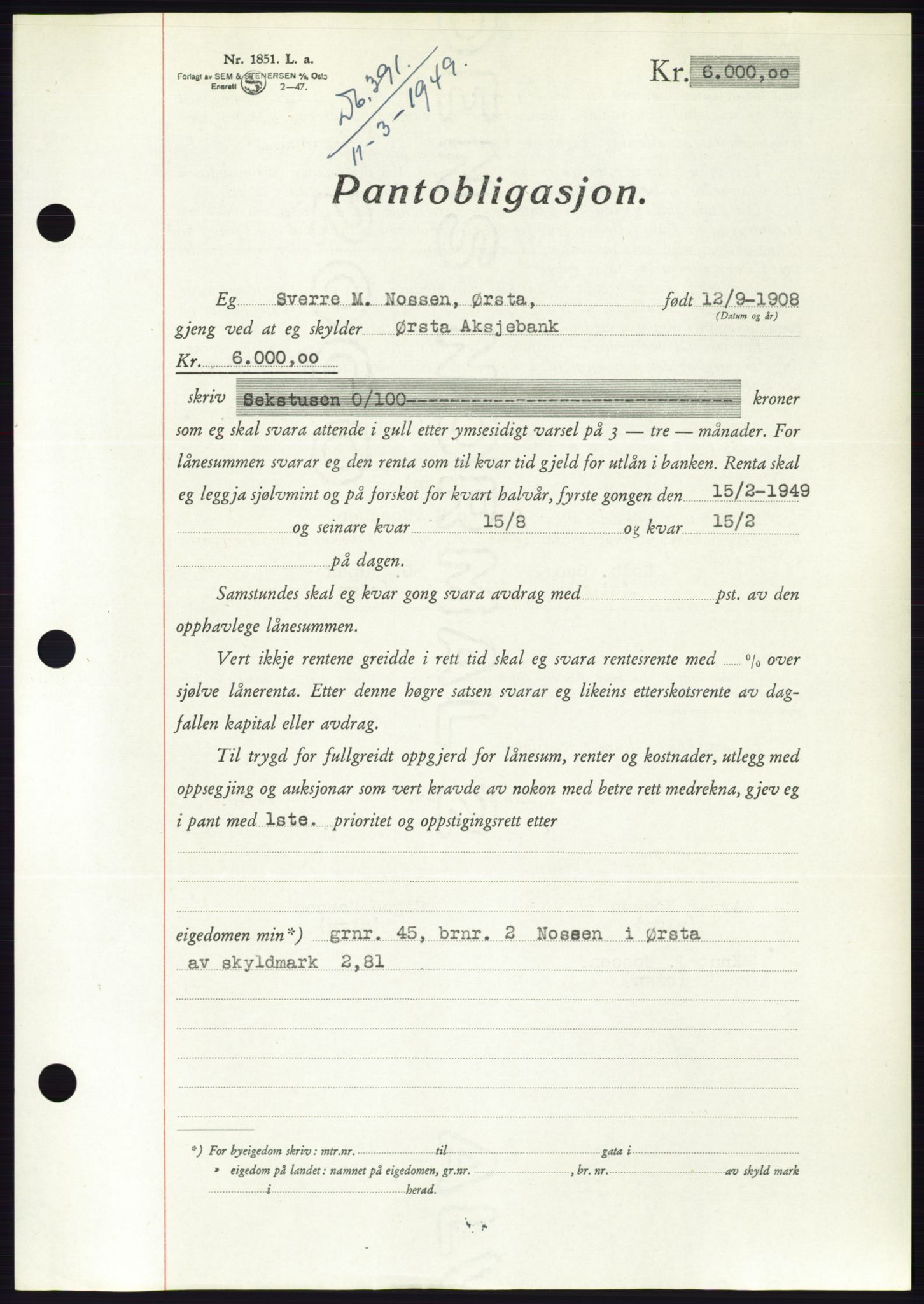Søre Sunnmøre sorenskriveri, AV/SAT-A-4122/1/2/2C/L0116: Pantebok nr. 4B, 1948-1949, Dagboknr: 391/1949