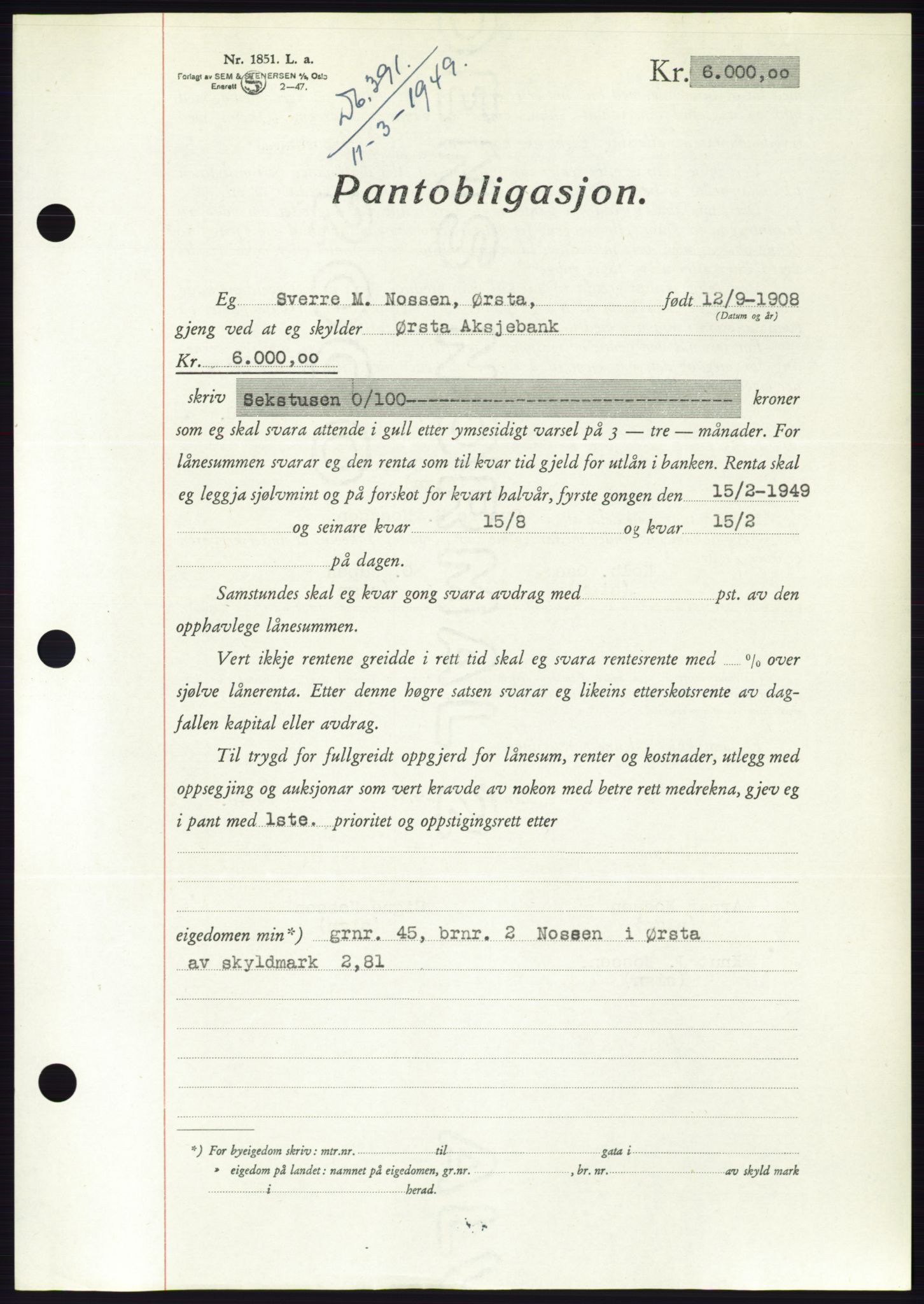 Søre Sunnmøre sorenskriveri, SAT/A-4122/1/2/2C/L0116: Pantebok nr. 4B, 1948-1949, Dagboknr: 391/1949