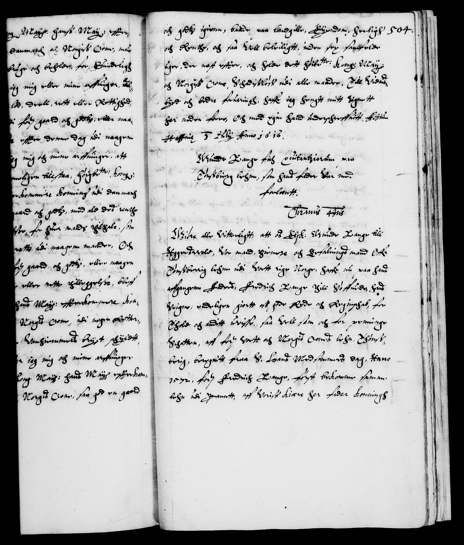 Danske Kanselli 1572-1799, RA/EA-3023/F/Fc/Fca/Fcaa/L0003: Norske registre (mikrofilm), 1596-1616, s. 504a