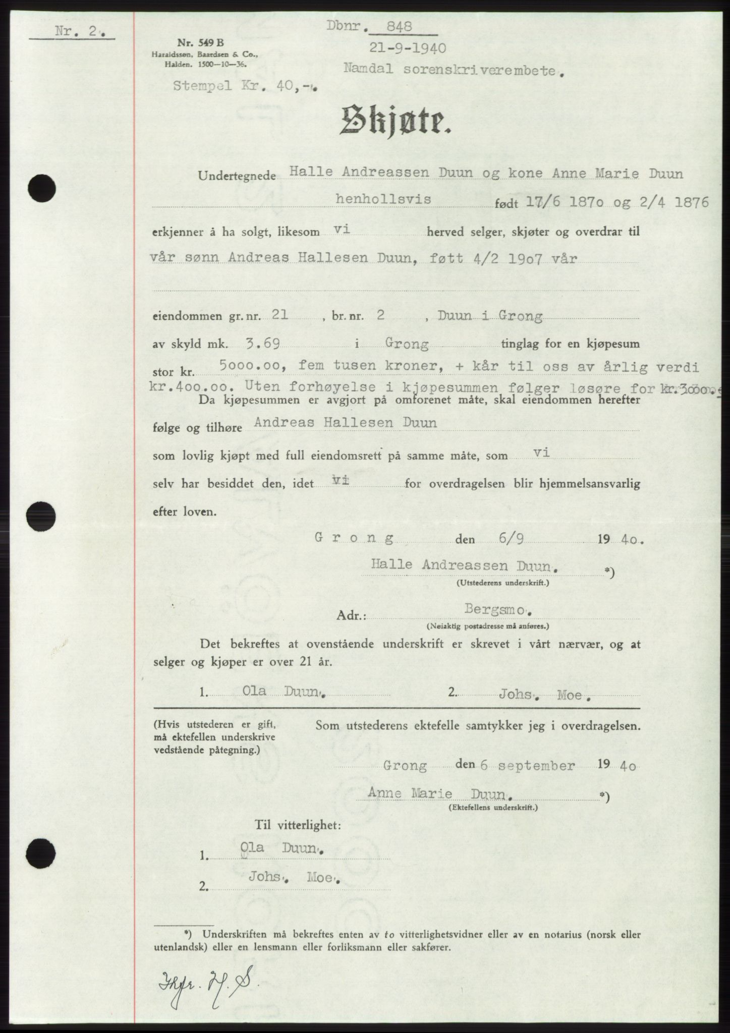 Namdal sorenskriveri, SAT/A-4133/1/2/2C: Pantebok nr. -, 1940-1941, Tingl.dato: 21.09.1940