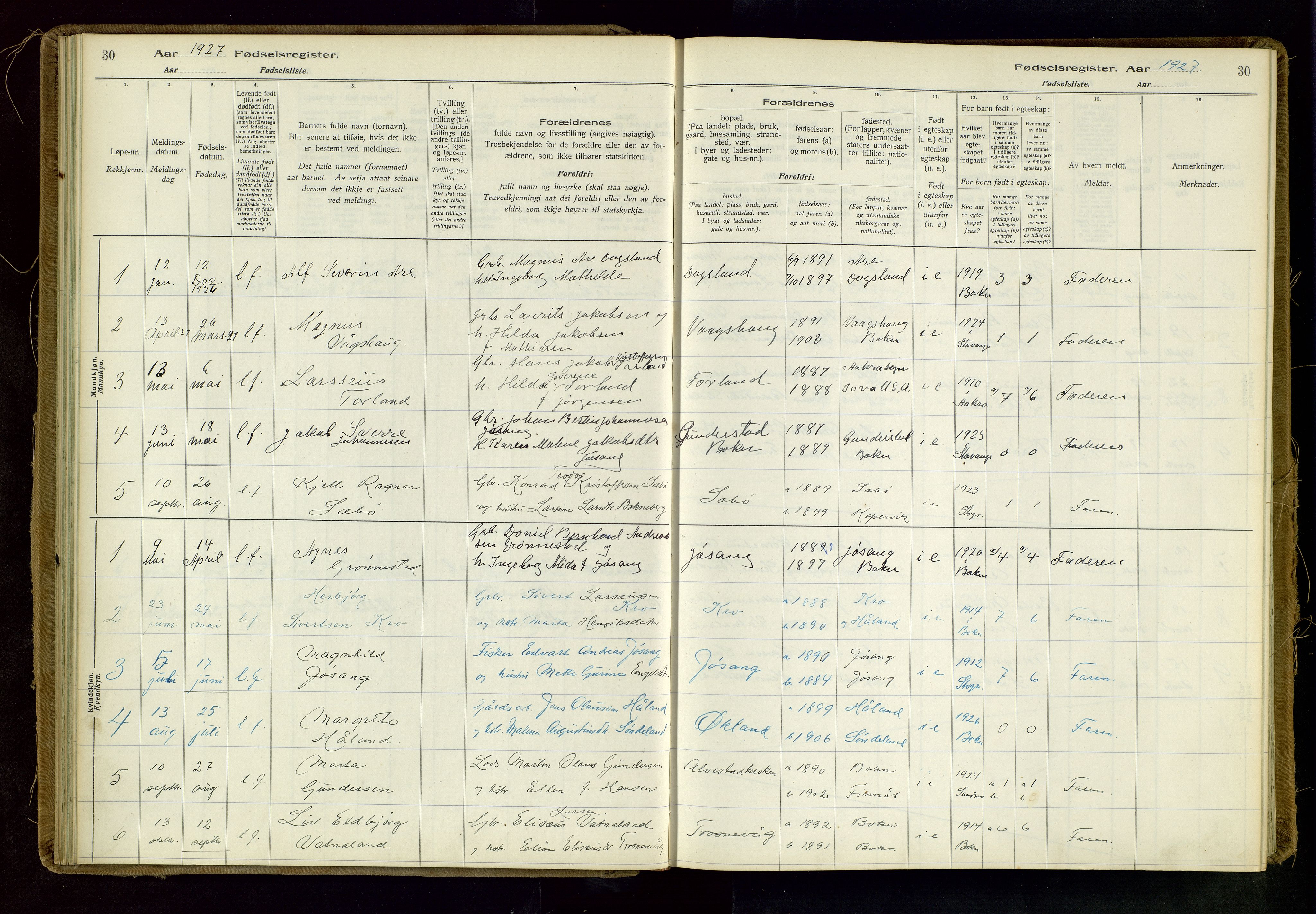 Tysvær sokneprestkontor, SAST/A -101864/I/Id/L0003: Fødselsregister nr. 3, 1916-1982, s. 30