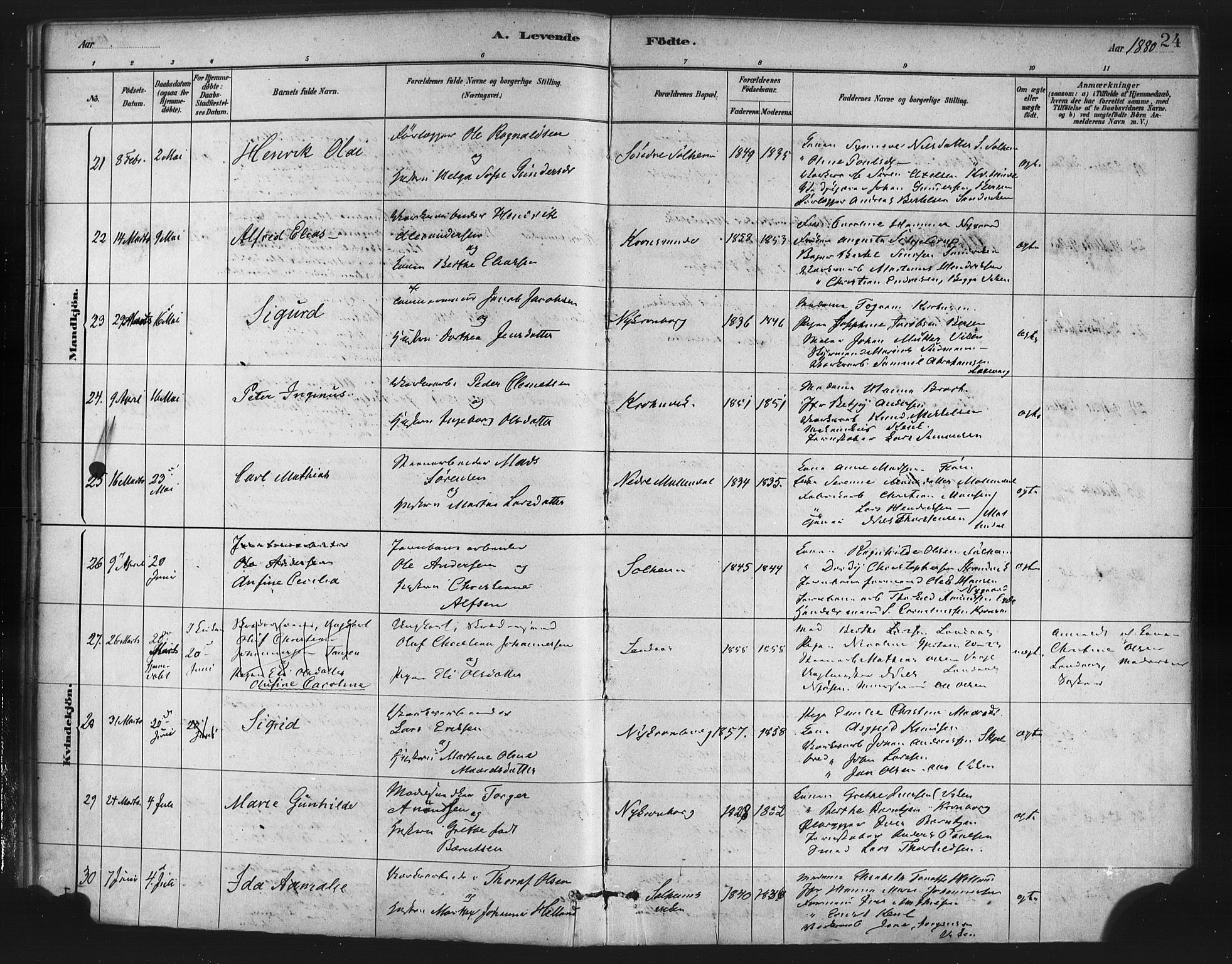 St. Jørgens hospital og Årstad sokneprestembete, AV/SAB-A-99934: Ministerialbok nr. A 7, 1879-1886, s. 24