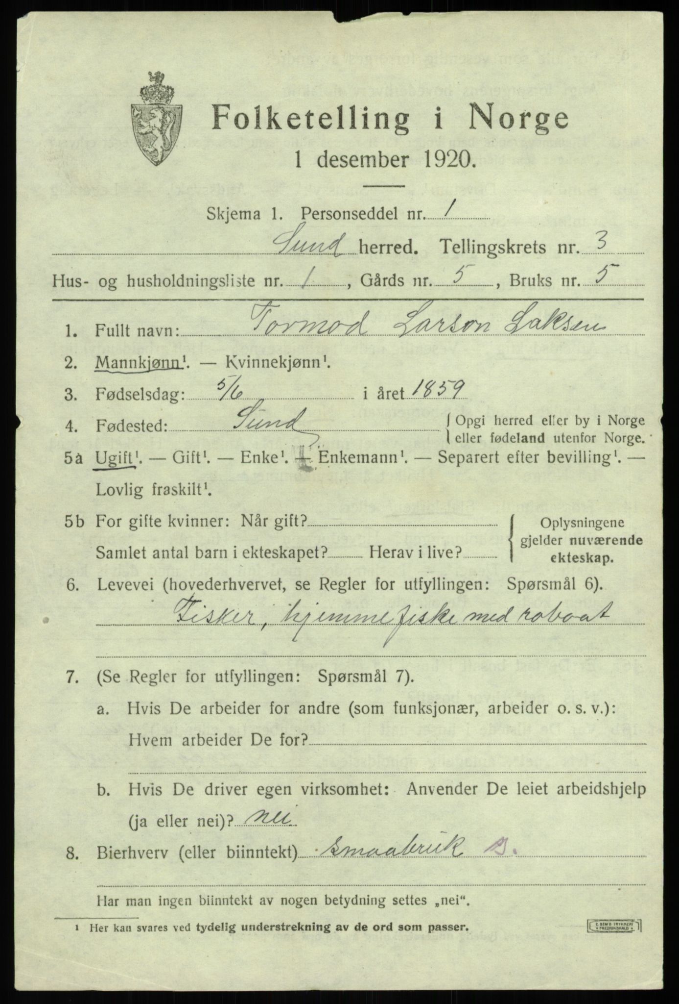 SAB, Folketelling 1920 for 1245 Sund herred, 1920, s. 1823