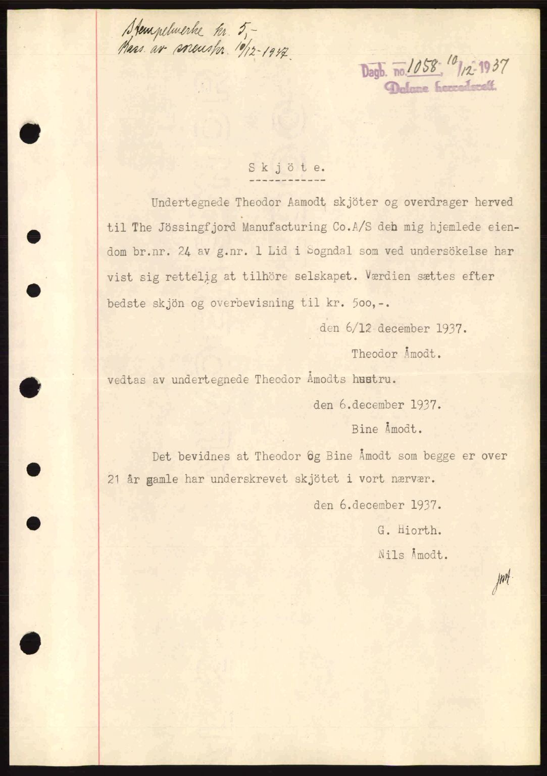 Dalane sorenskriveri, SAST/A-100309/02/G/Gb/L0041: Pantebok nr. A2, 1936-1937, Dagboknr: 1058/1937