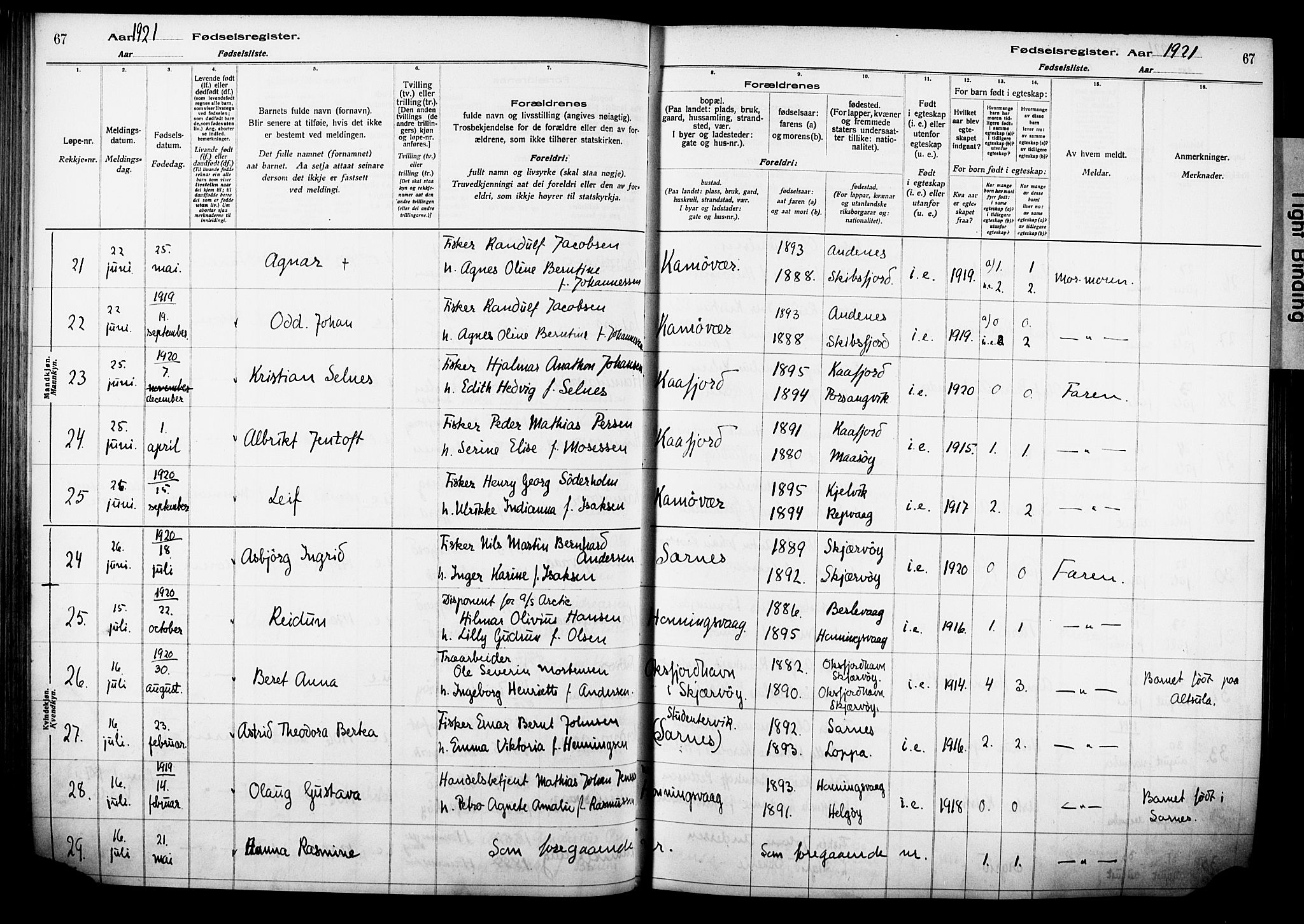 Kjelvik/Nordkapp sokneprestkontor, AV/SATØ-S-1350/I/Ia/L0015: Fødselsregister nr. 15, 1916-1930, s. 67