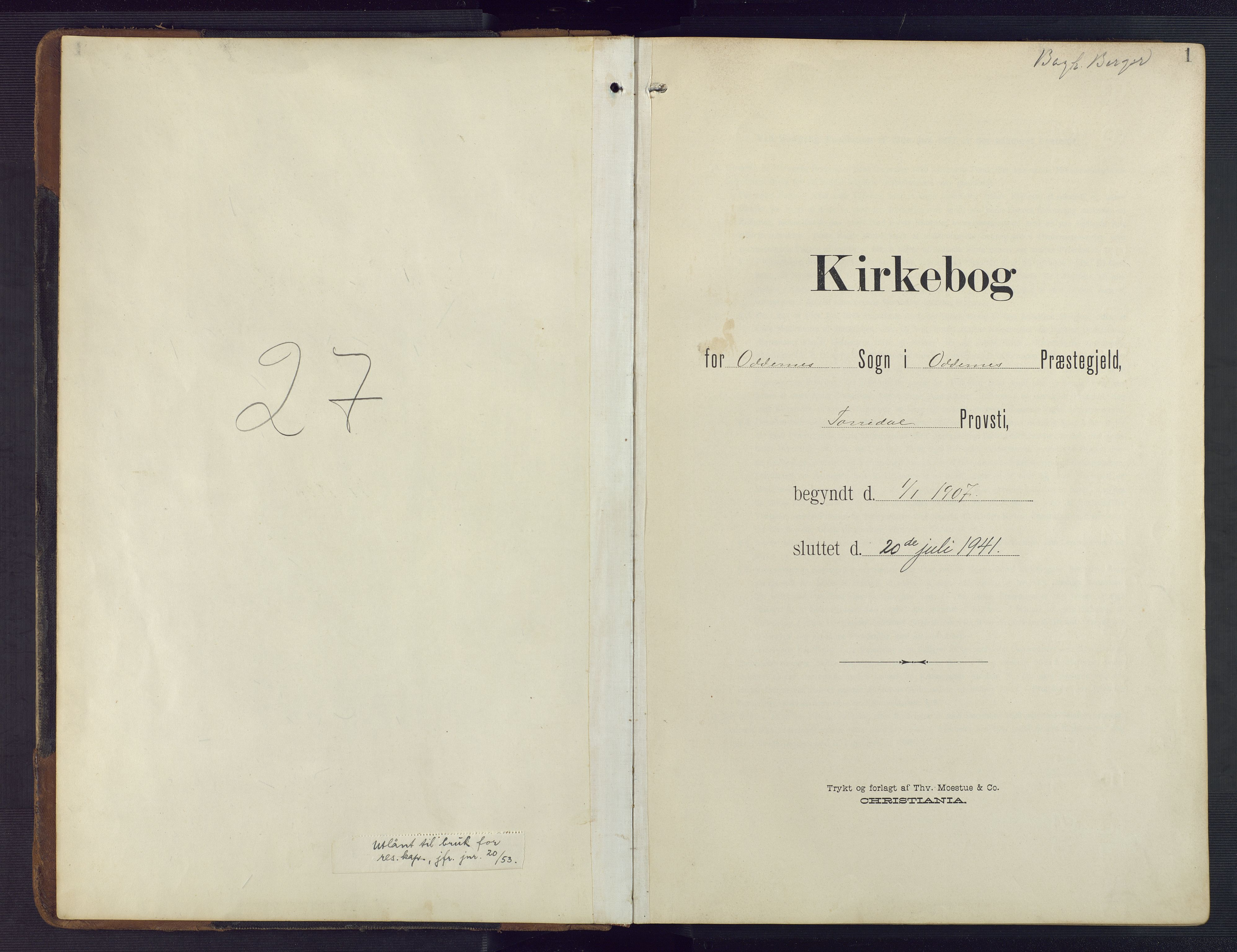 Oddernes sokneprestkontor, SAK/1111-0033/F/Fb/Fba/L0010: Klokkerbok nr. B 10, 1907-1941, s. 0-1