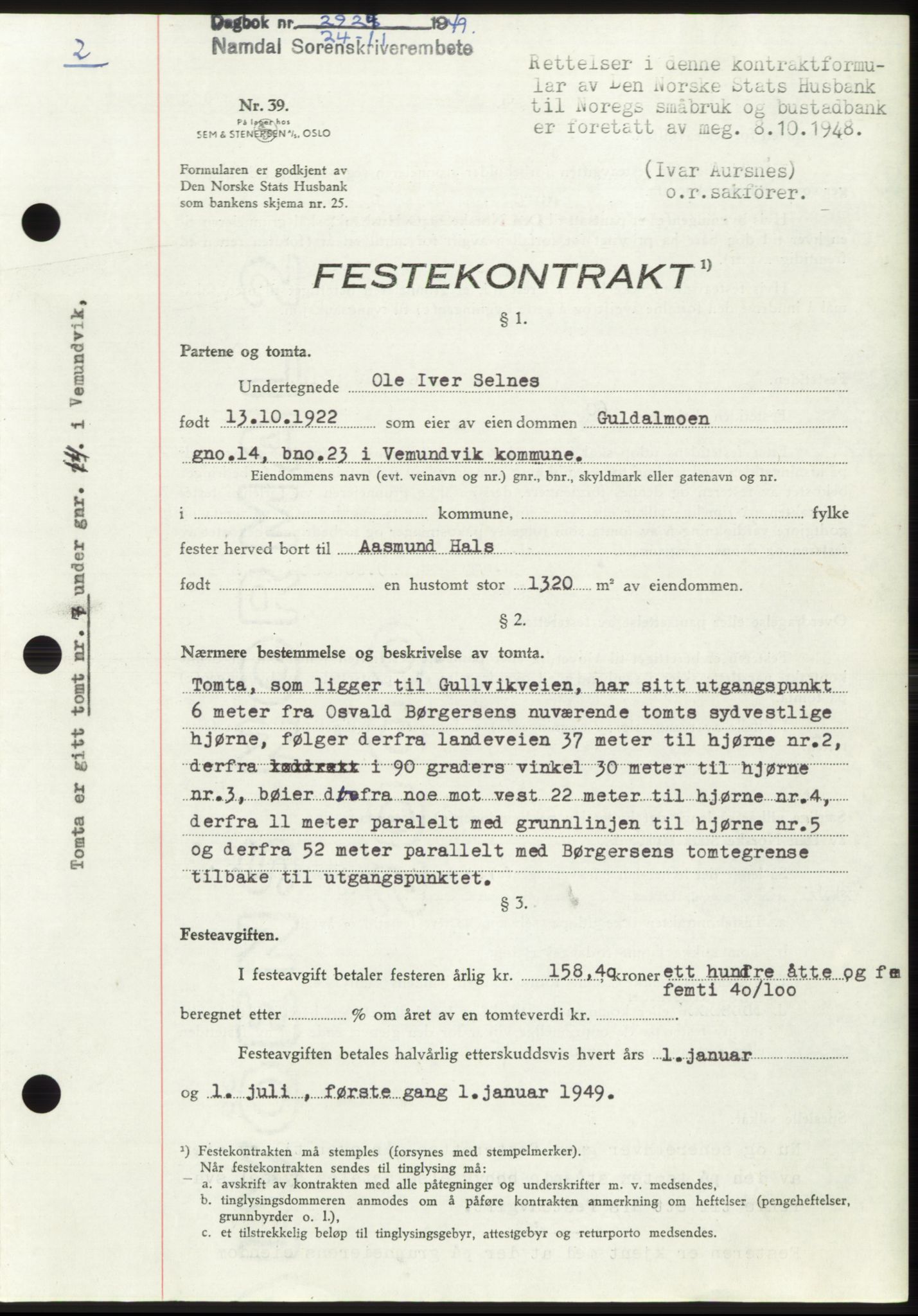 Namdal sorenskriveri, SAT/A-4133/1/2/2C: Pantebok nr. -, 1949-1949, Dagboknr: 2924/1949