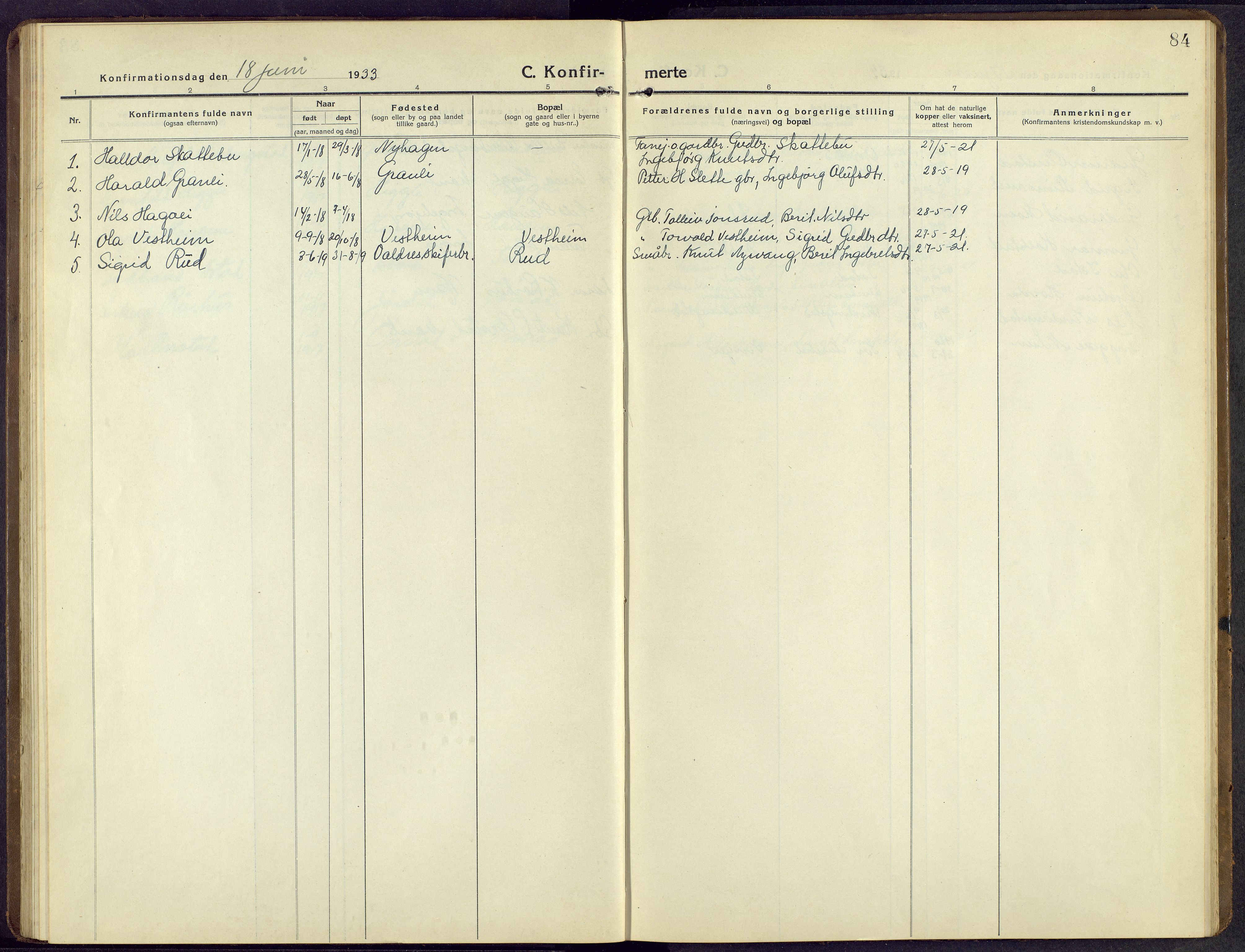 Øystre Slidre prestekontor, AV/SAH-PREST-138/H/Ha/Hab/L0009: Klokkerbok nr. 9, 1917-1952, s. 84