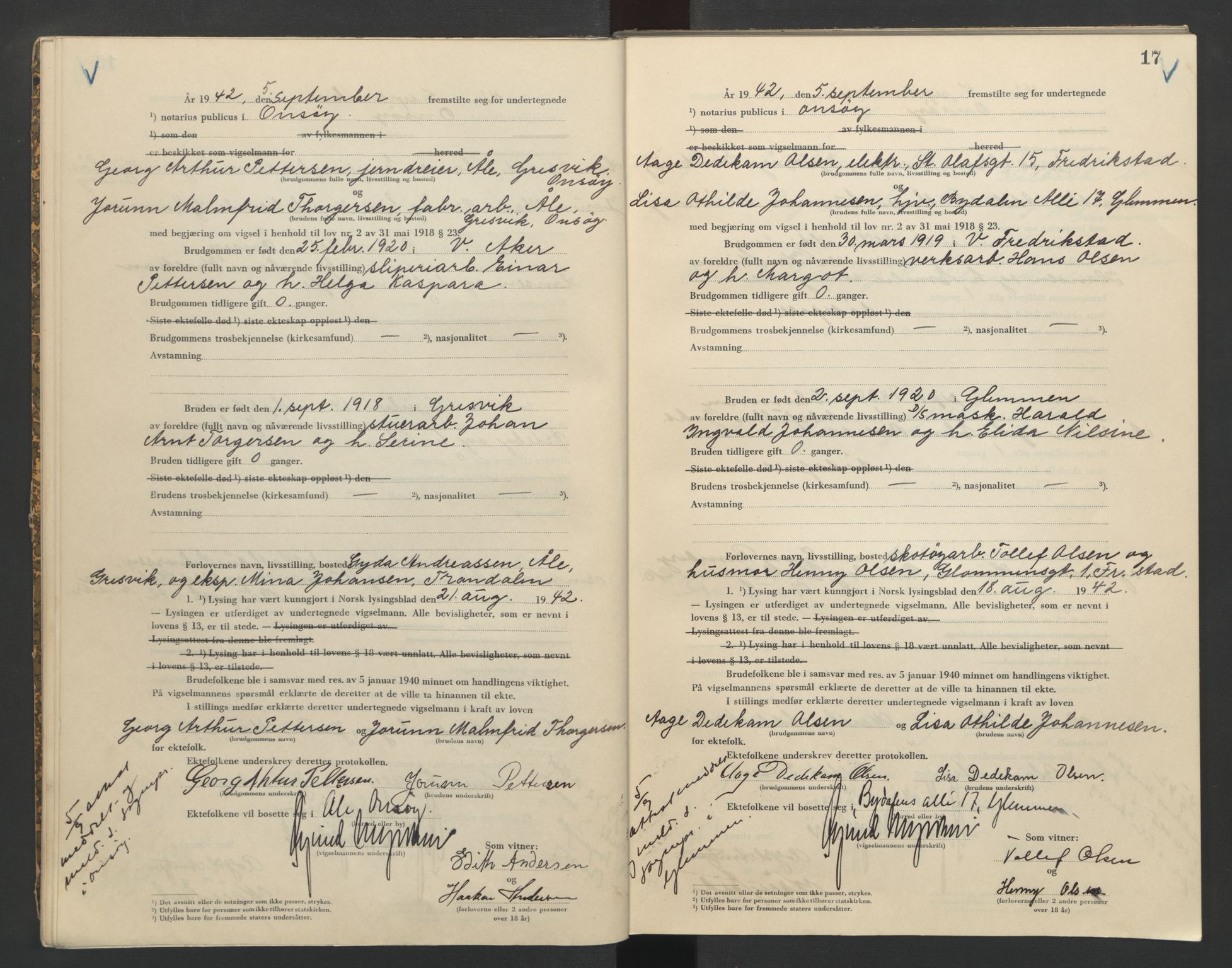 Onsøy sorenskriveri, AV/SAO-A-10474/L/La/L0002: Vigselsbok, 1942-1943, s. 17