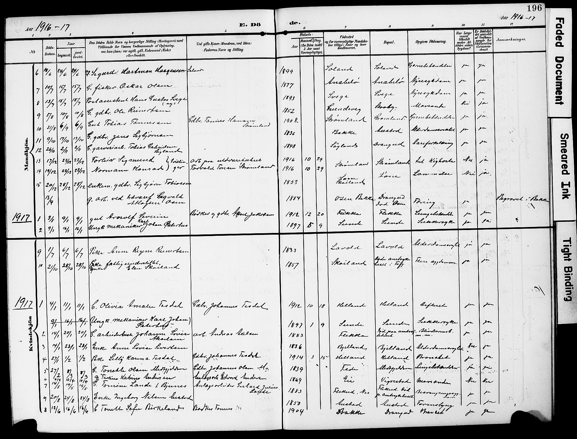 Flekkefjord sokneprestkontor, AV/SAK-1111-0012/F/Fb/Fbc/L0008: Klokkerbok nr. B 8, 1903-1931, s. 196