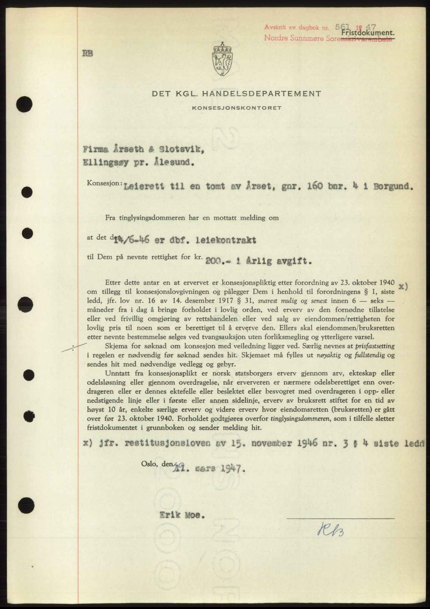 Nordre Sunnmøre sorenskriveri, SAT/A-0006/1/2/2C/2Ca: Pantebok nr. B6-14 b, 1946-1947, Dagboknr: 561/1947