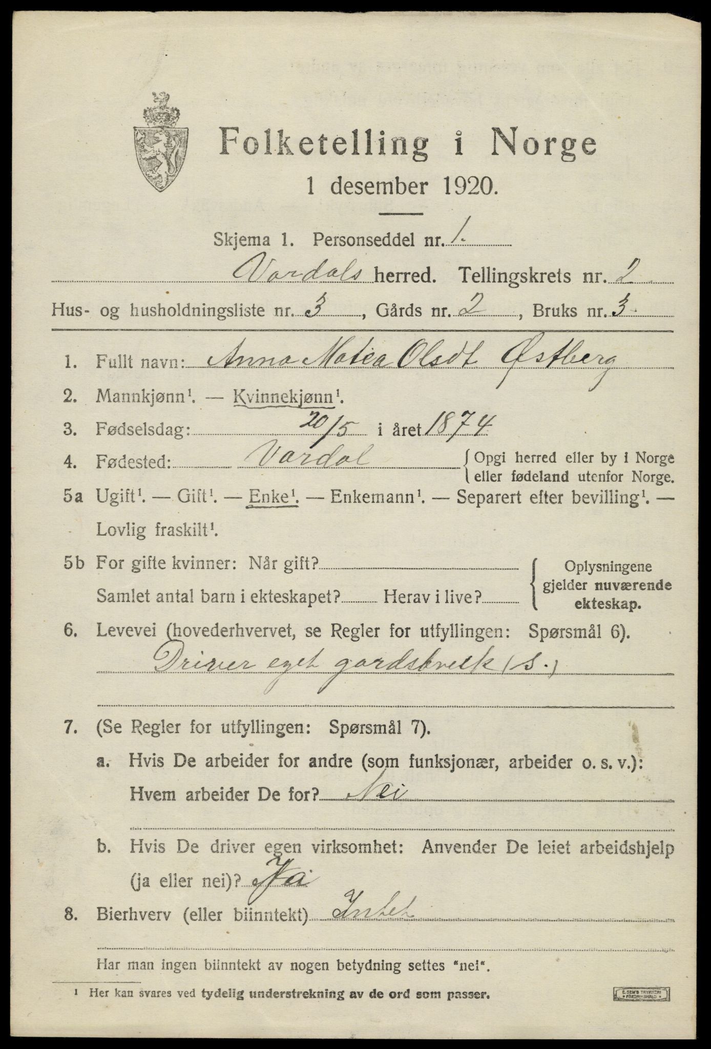 SAH, Folketelling 1920 for 0527 Vardal herred, 1920, s. 2461