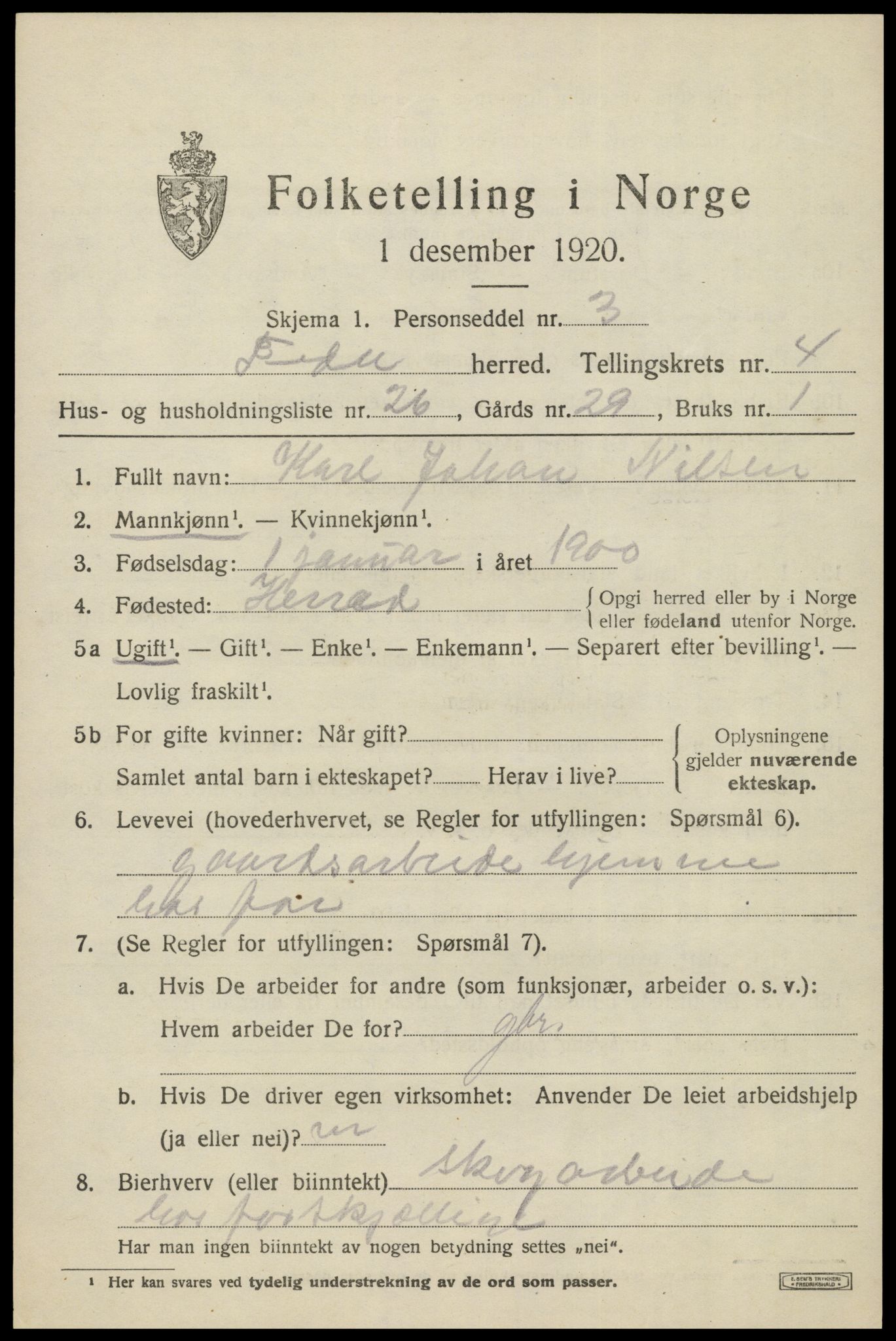 SAK, Folketelling 1920 for 1038 Feda herred, 1920, s. 2047