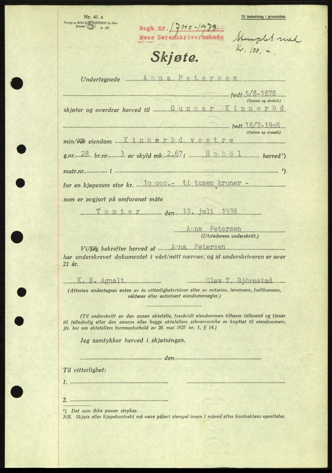 Moss sorenskriveri, SAO/A-10168: Pantebok nr. A4, 1938-1938, Dagboknr: 1740/1938