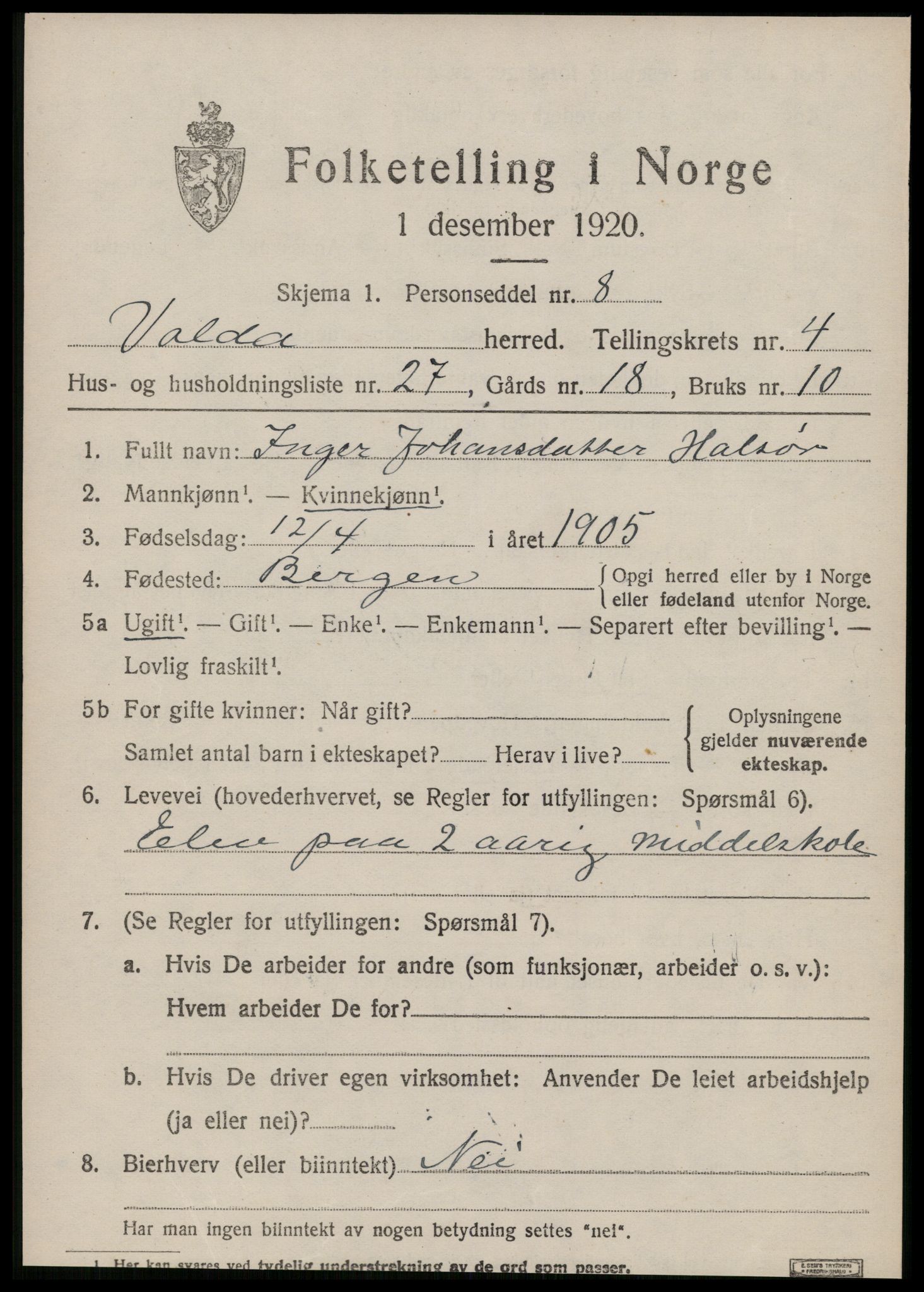 SAT, Folketelling 1920 for 1519 Volda herred, 1920, s. 3414