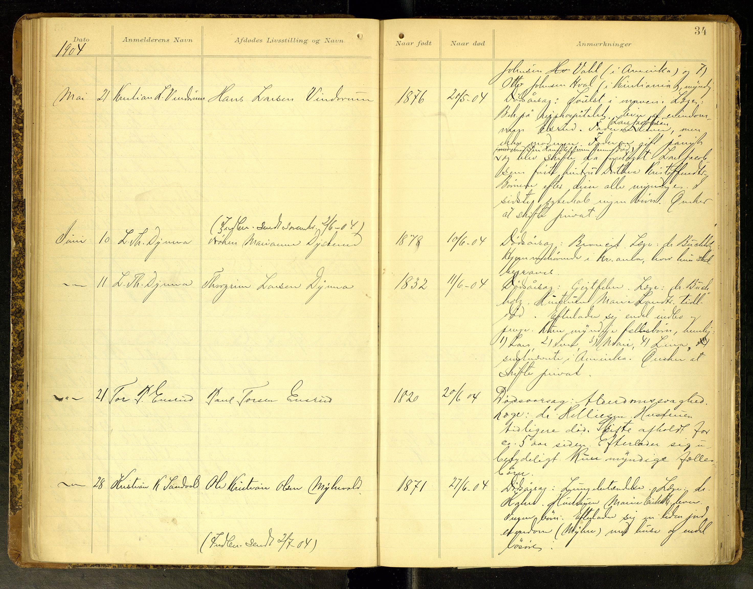 Gran lensmannskontor, AV/SAH-LOG-010/H/Ha/L0002: Dødsfallsprotokoll, 1899-1917, s. 34