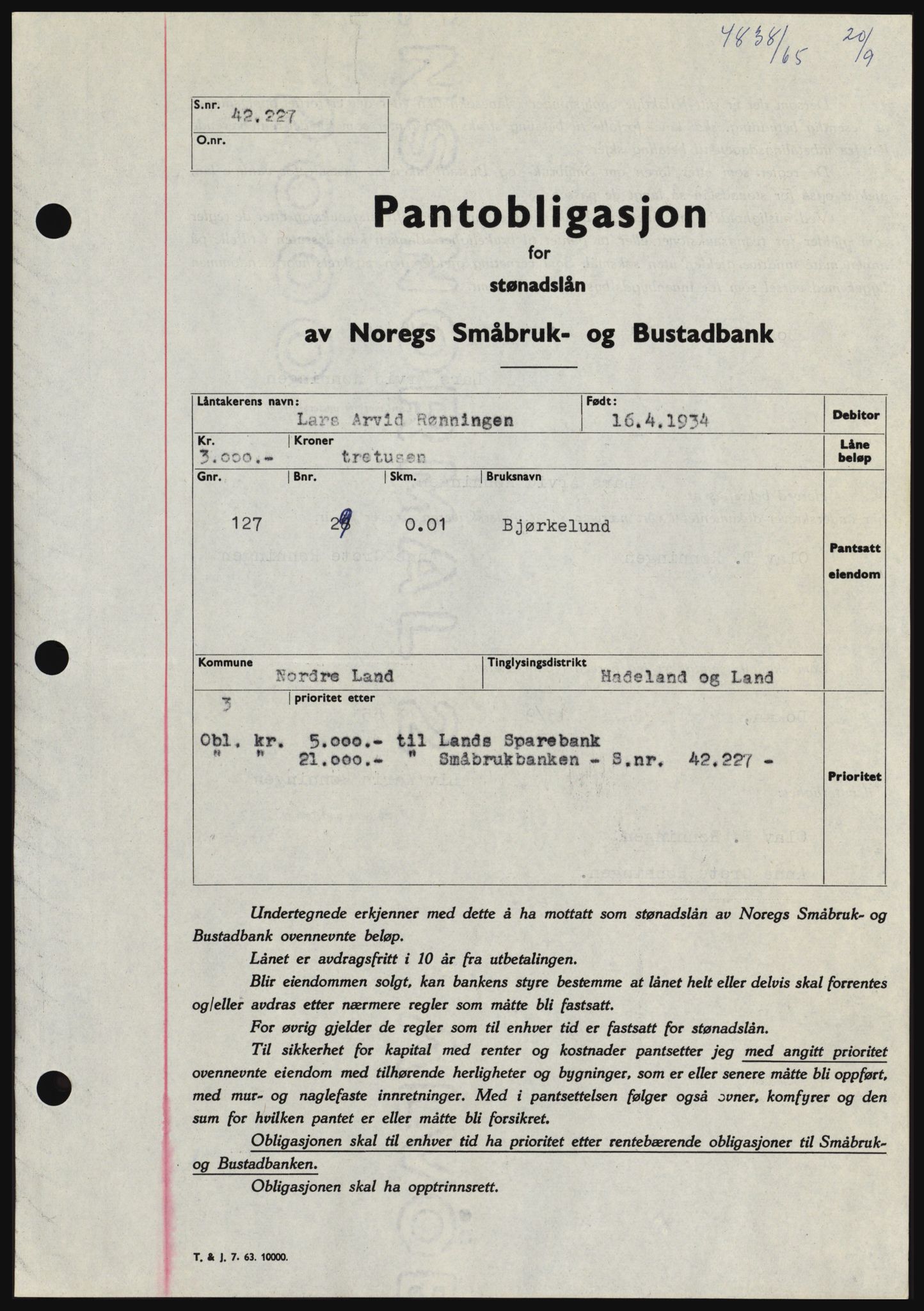 Hadeland og Land tingrett, SAH/TING-010/H/Hb/Hbc/L0060: Pantebok nr. B60, 1965-1965, Dagboknr: 4838/1965