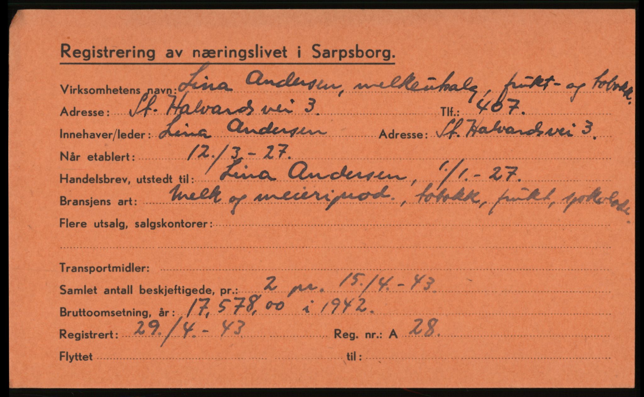 Sarpsborg folkeregister, AV/SAO-A-10231/O/Ob/L0002: Registrering av næringslivet i Sarpsborg - kartotekkort, 1943