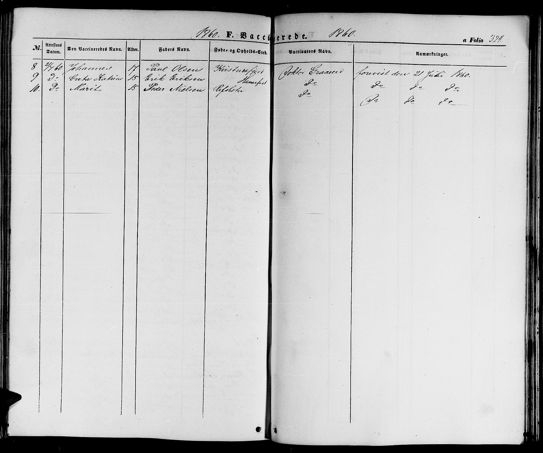 Hammerfest sokneprestkontor, SATØ/S-1347/H/Hb/L0002.klokk: Klokkerbok nr. 2, 1851-1861, s. 324