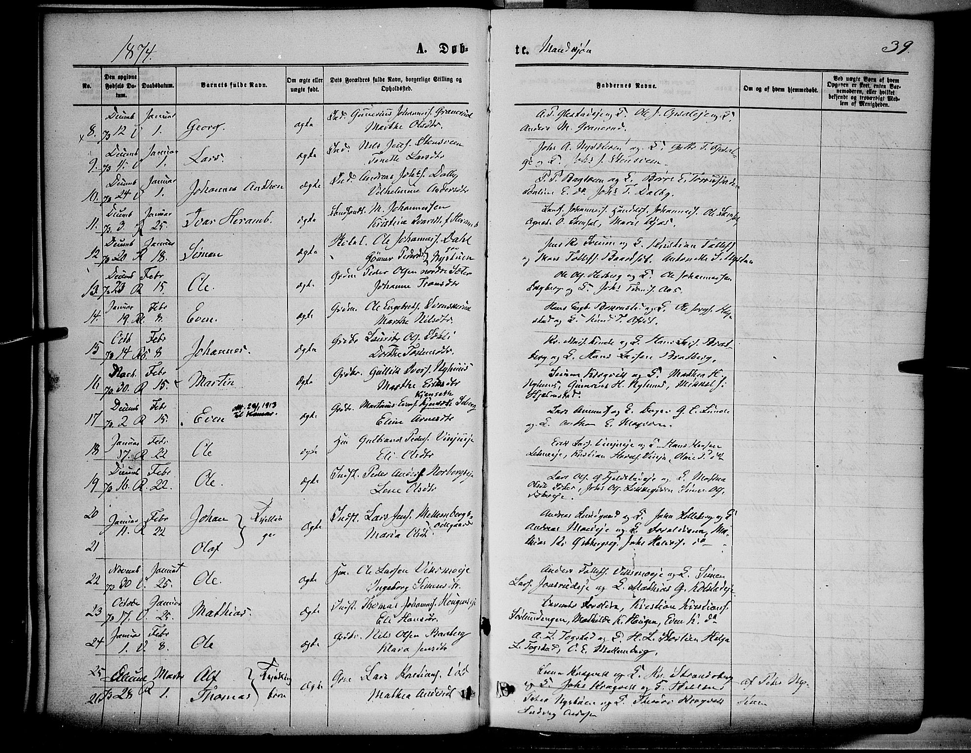 Ringsaker prestekontor, AV/SAH-PREST-014/K/Ka/L0011: Ministerialbok nr. 11, 1870-1878, s. 39