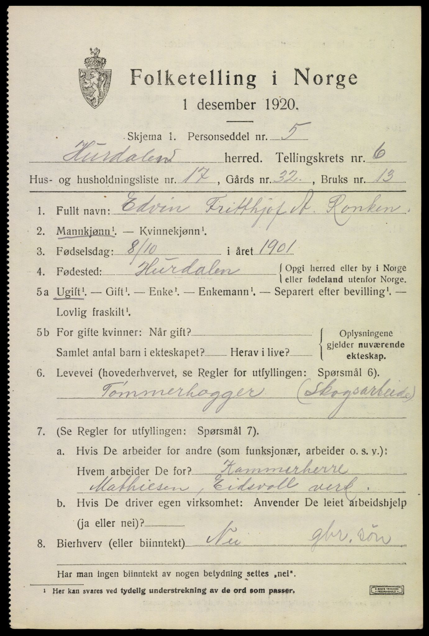 SAO, Folketelling 1920 for 0239 Hurdal herred, 1920, s. 3810