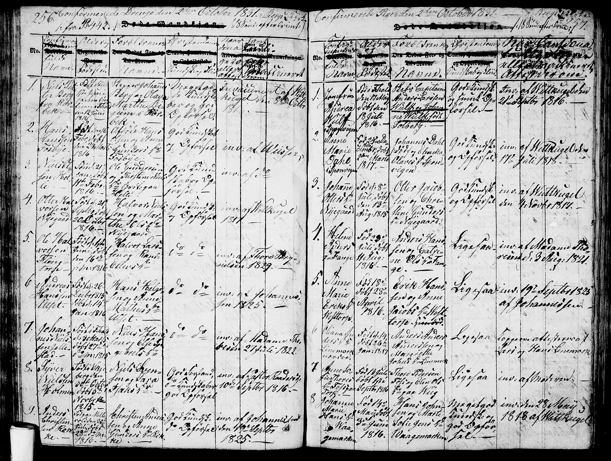 Berg prestekontor Kirkebøker, AV/SAO-A-10902/G/Ga/L0001: Klokkerbok nr. I 1, 1815-1832, s. 256-257