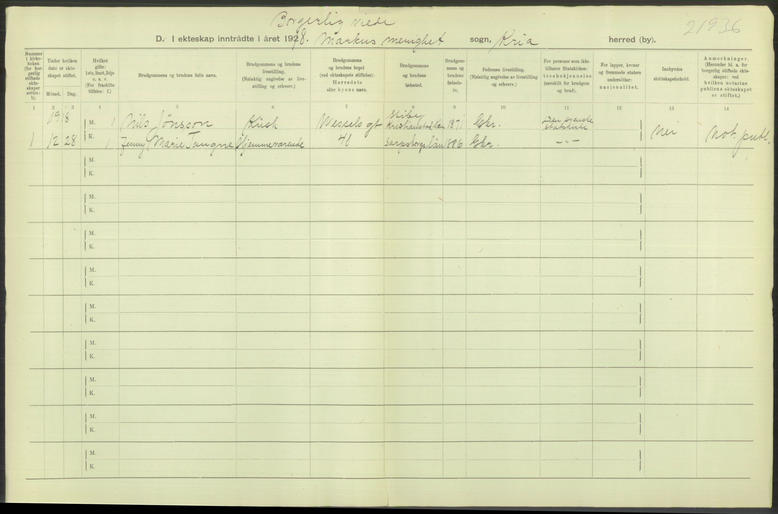 Statistisk sentralbyrå, Sosiodemografiske emner, Befolkning, RA/S-2228/D/Df/Dfb/Dfbh/L0009: Kristiania: Gifte, 1918, s. 372