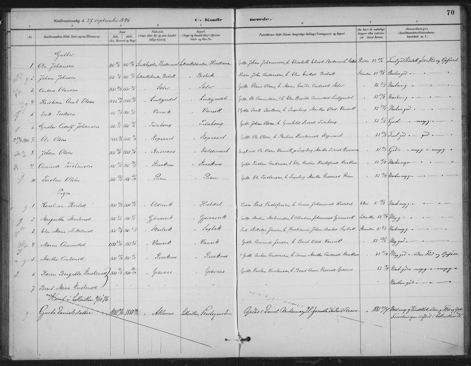 Ministerialprotokoller, klokkerbøker og fødselsregistre - Nord-Trøndelag, AV/SAT-A-1458/702/L0023: Ministerialbok nr. 702A01, 1883-1897, s. 70