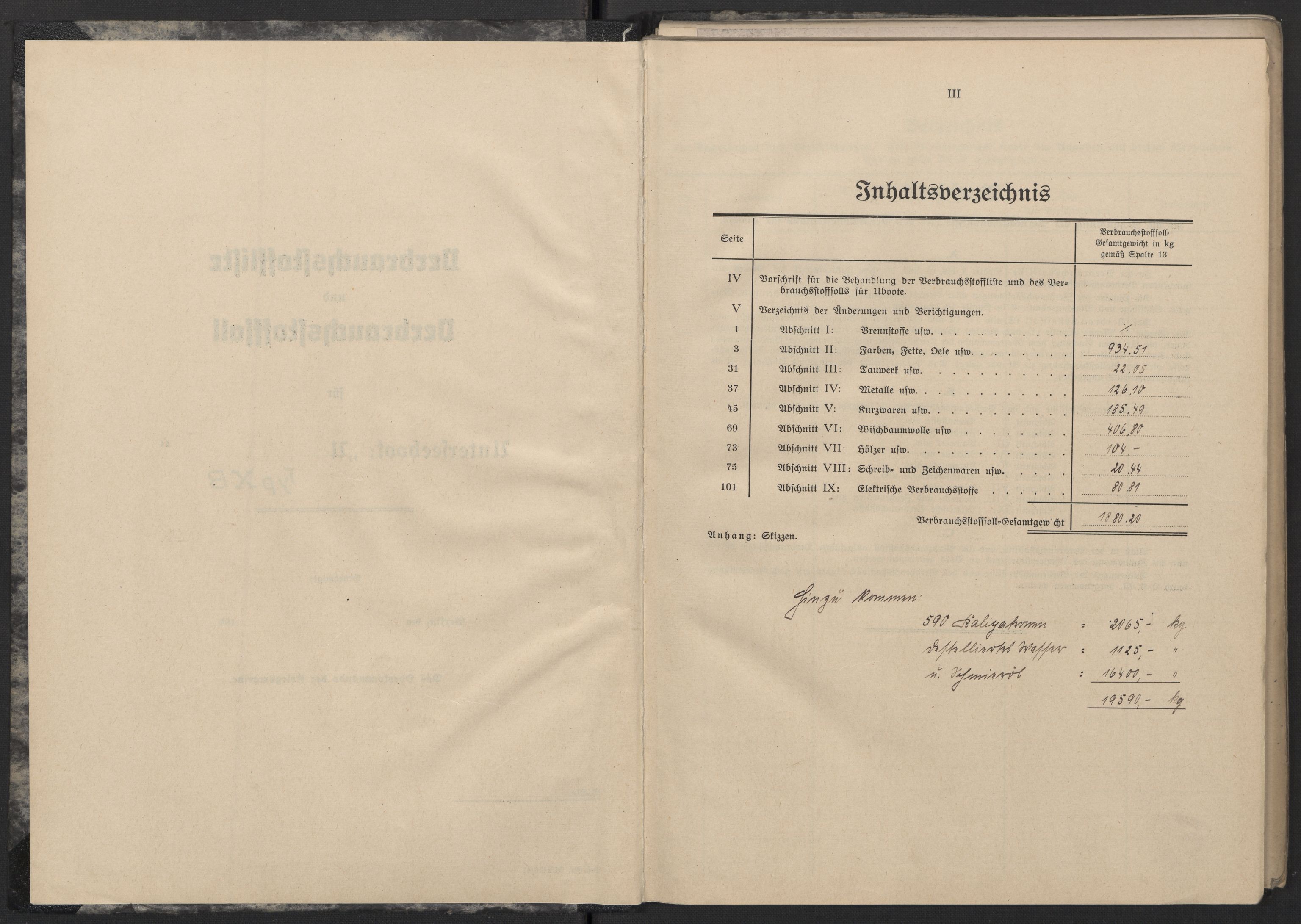 Kriegsmarine Norwegen, Unterseeboote, RA/RAFA-5082/F/L0002/0002: -- / Vorläufige Verbrauchstoffliste und Verbrauchstoffsoll für Untersee-Boote Typ X B, 2 stk (121), 1940-1945